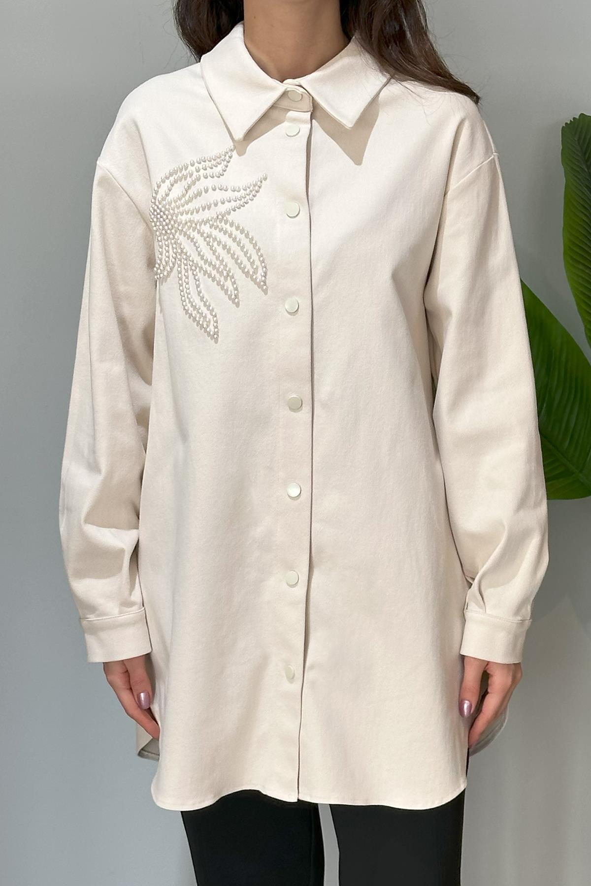 Nuss Boncuk Detaylı Gömlek Ceket 6021 Krem