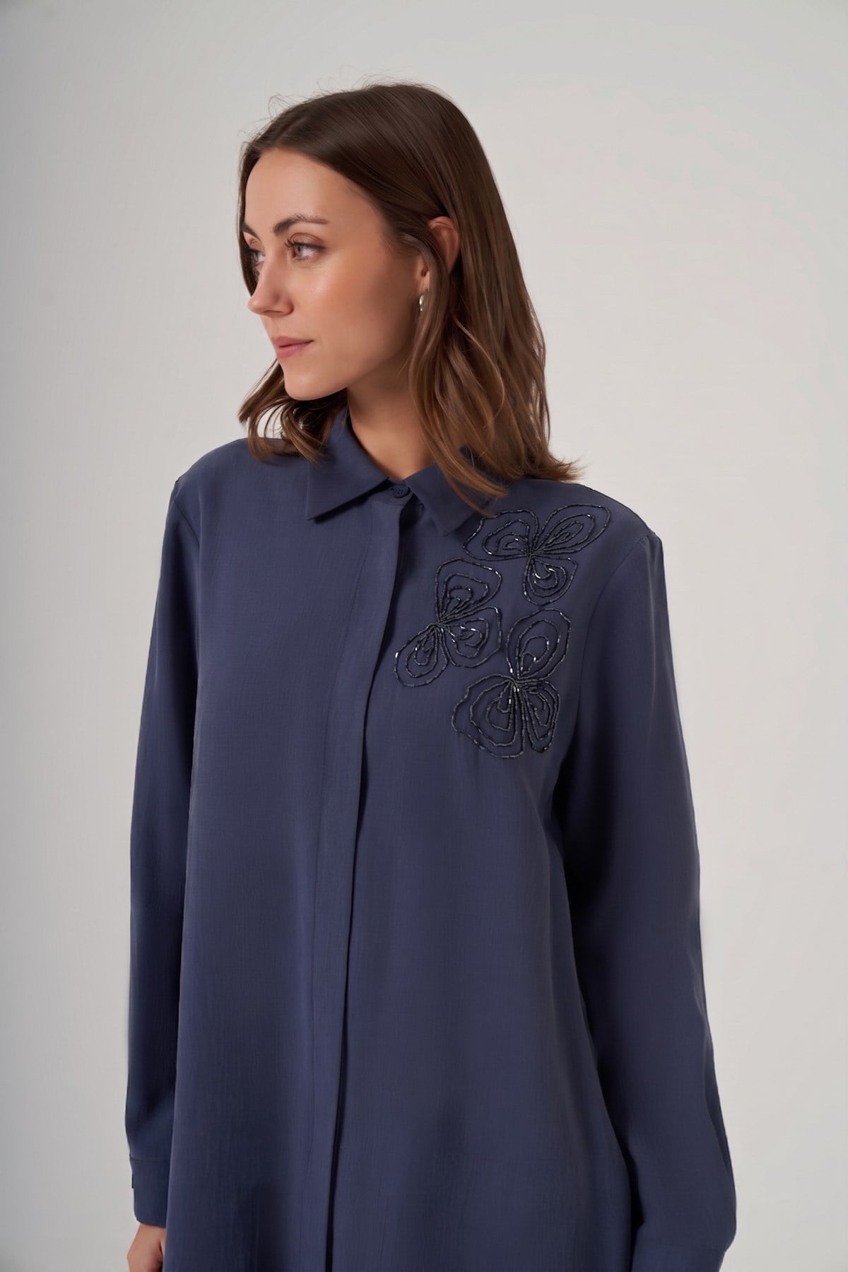 Nuss Boncuk İşlemeli Gömlek Pantolon Takım 1070 İndigo