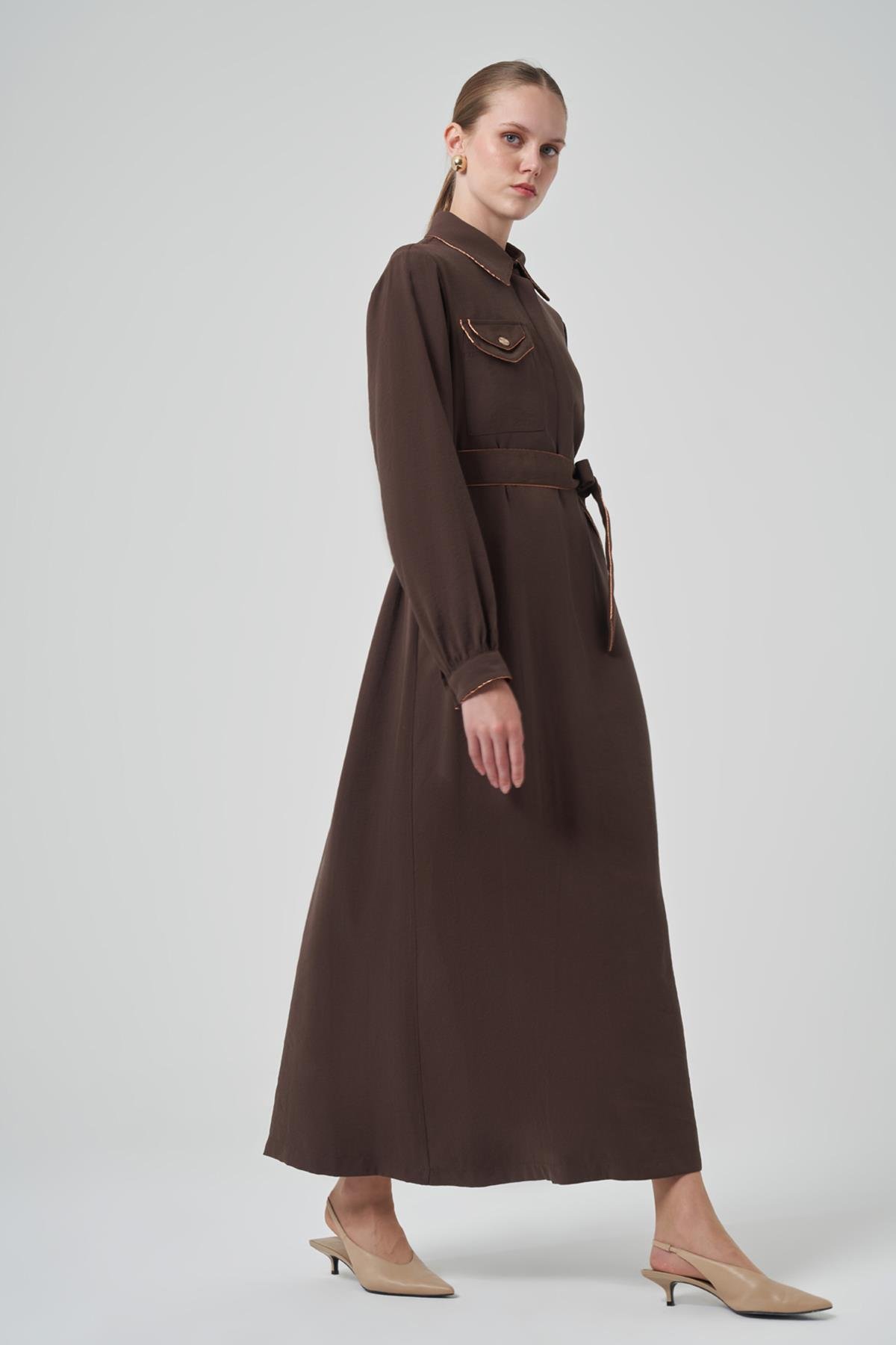 Nuss Cep Detay Kuşaklı Elbise 2005 Kahverengi