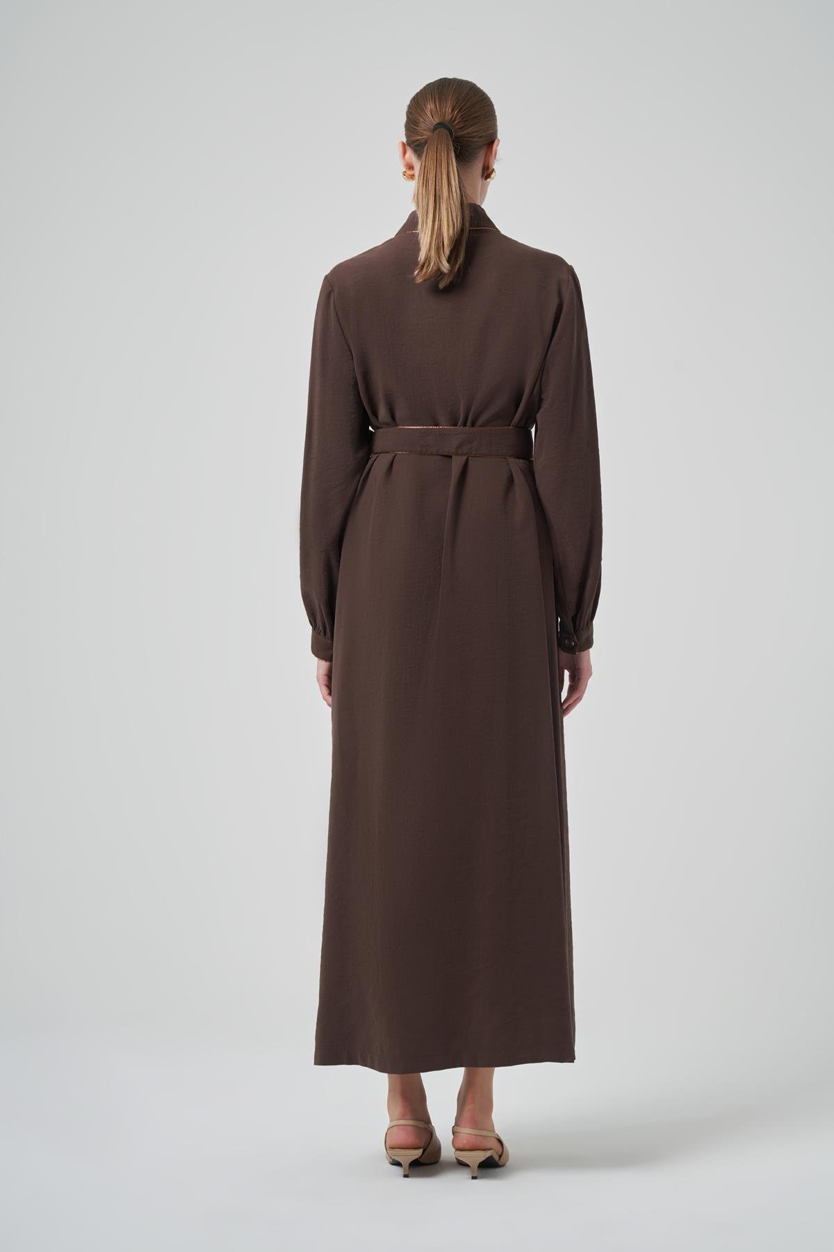 Nuss Cep Detay Kuşaklı Elbise 2005 Kahverengi