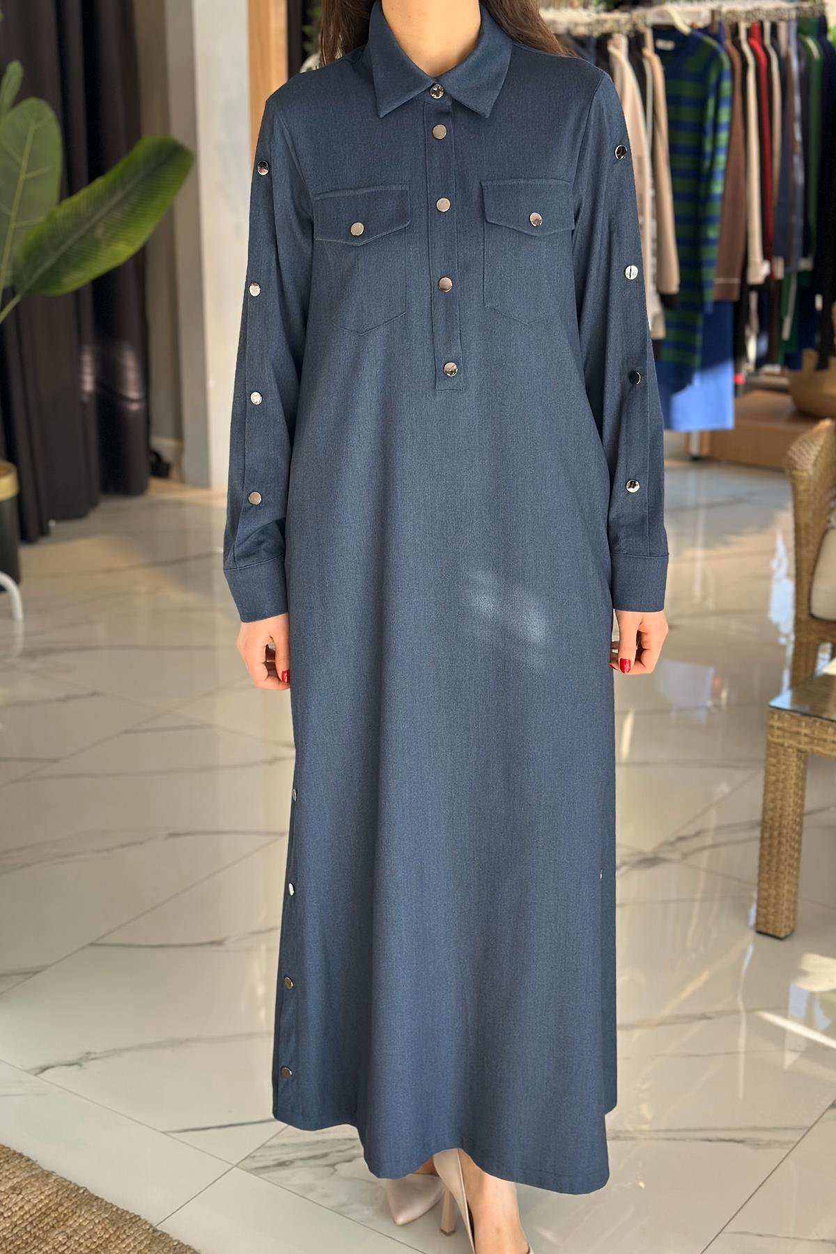 Nuss Çıtçıt Detay Denim Elbise 2002 Mavi