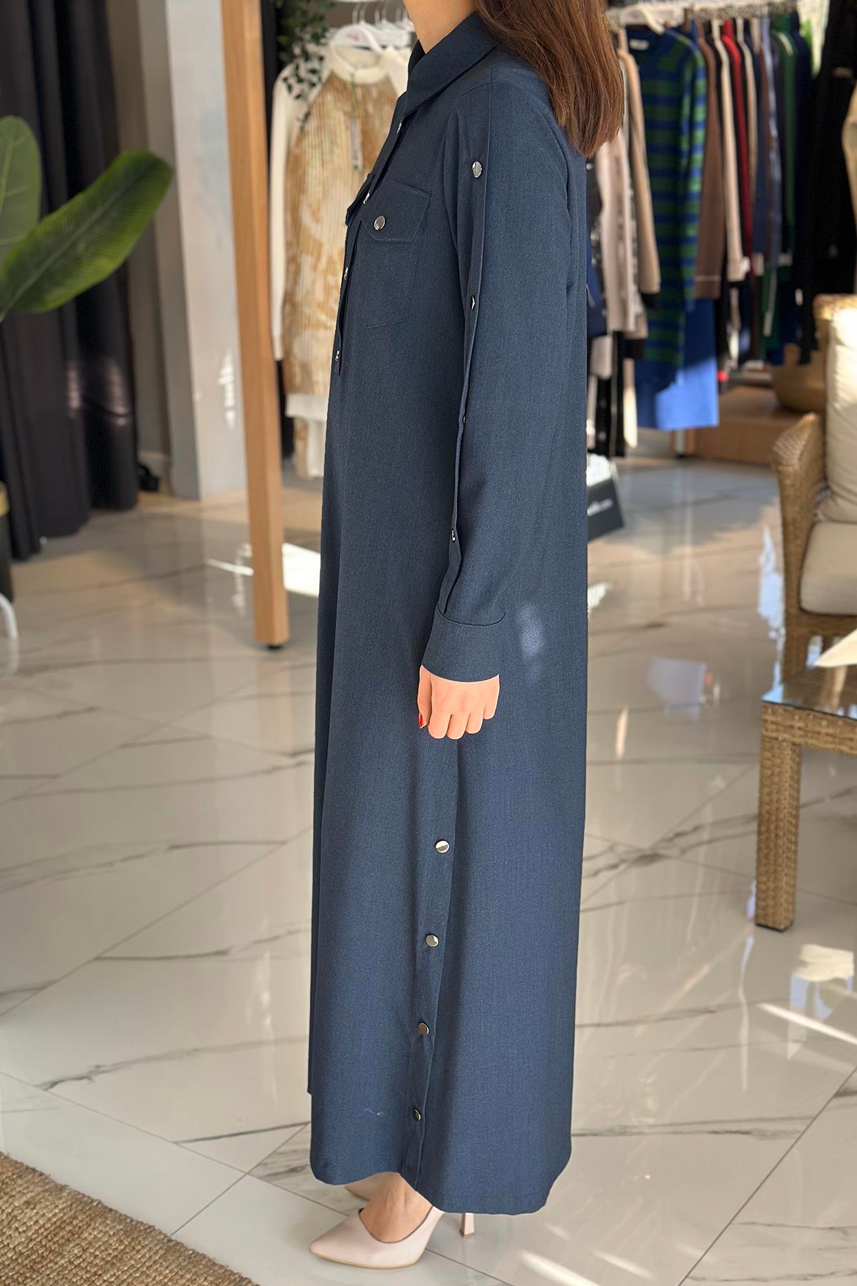 Nuss Çıtçıt Detay Denim Elbise 2002 Mavi