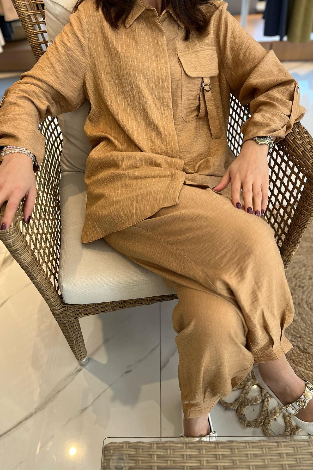 Nuss Çizgili Cep Detay Takım 1041 Camel