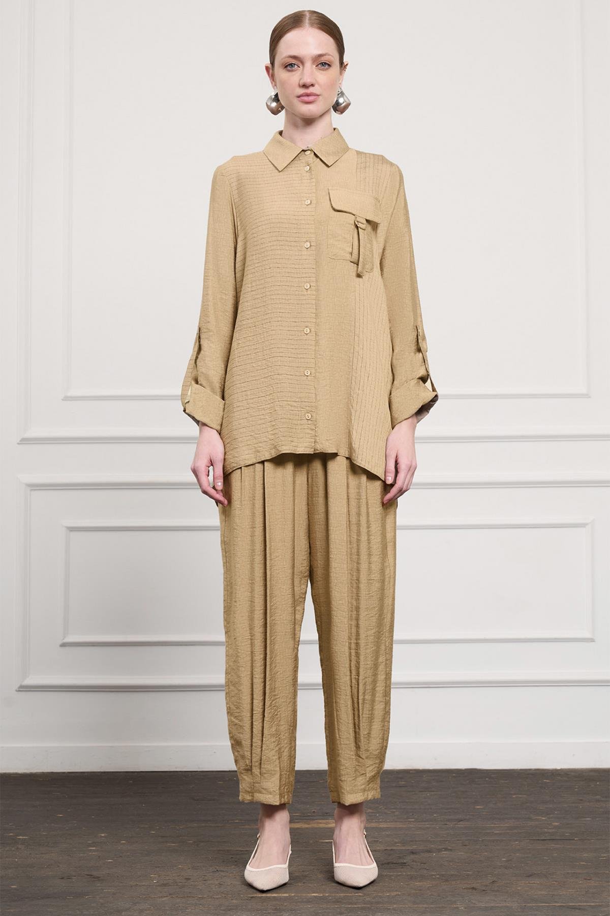 Nuss Çizgili Cep Detay Takım 1041 Camel