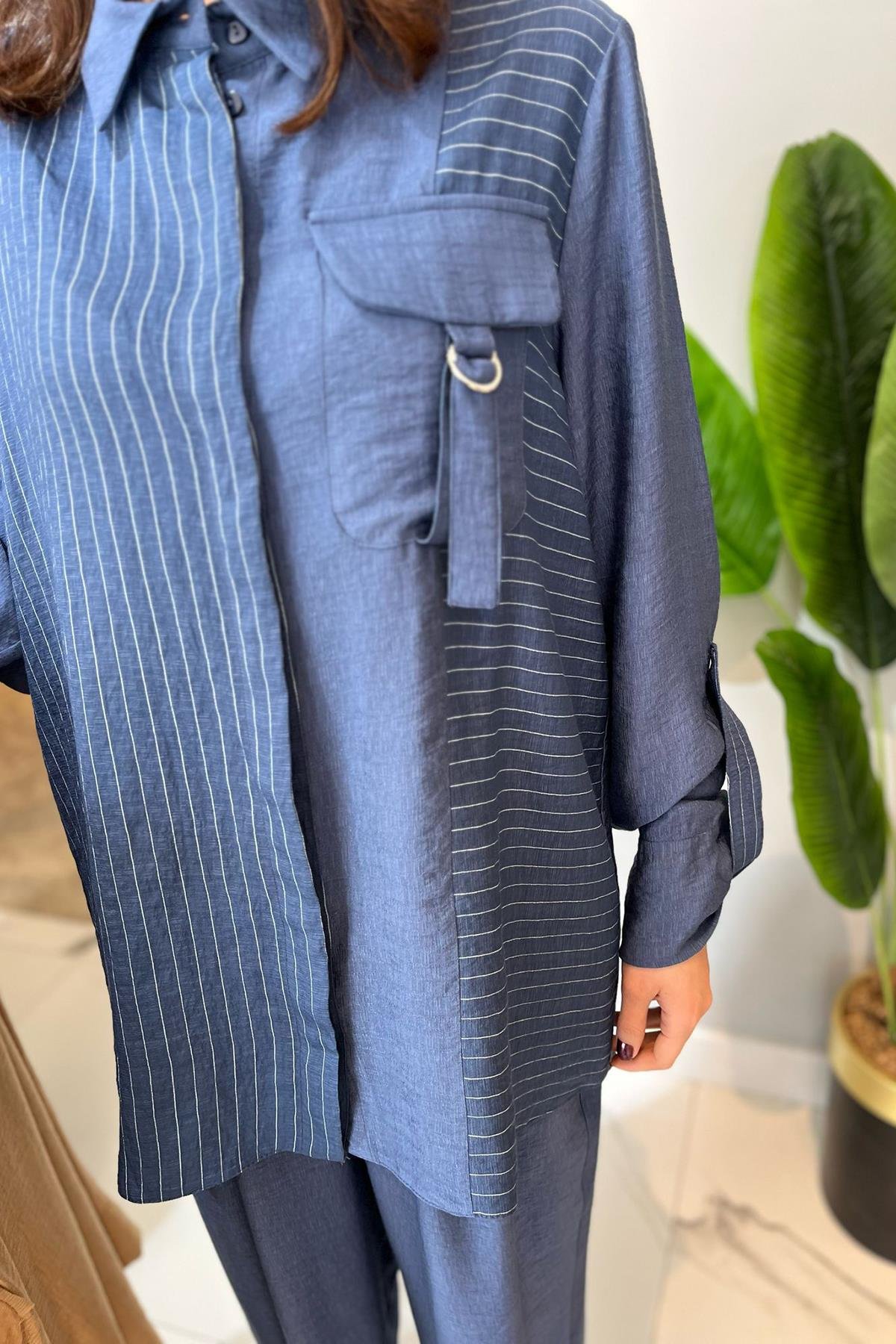 Nuss Çizgili Cep Detay Takım 1041 İndigo