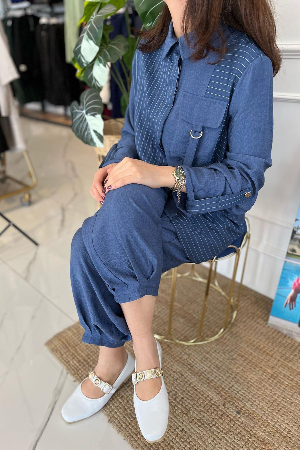 Nuss Çizgili Cep Detay Takım 1041 İndigo