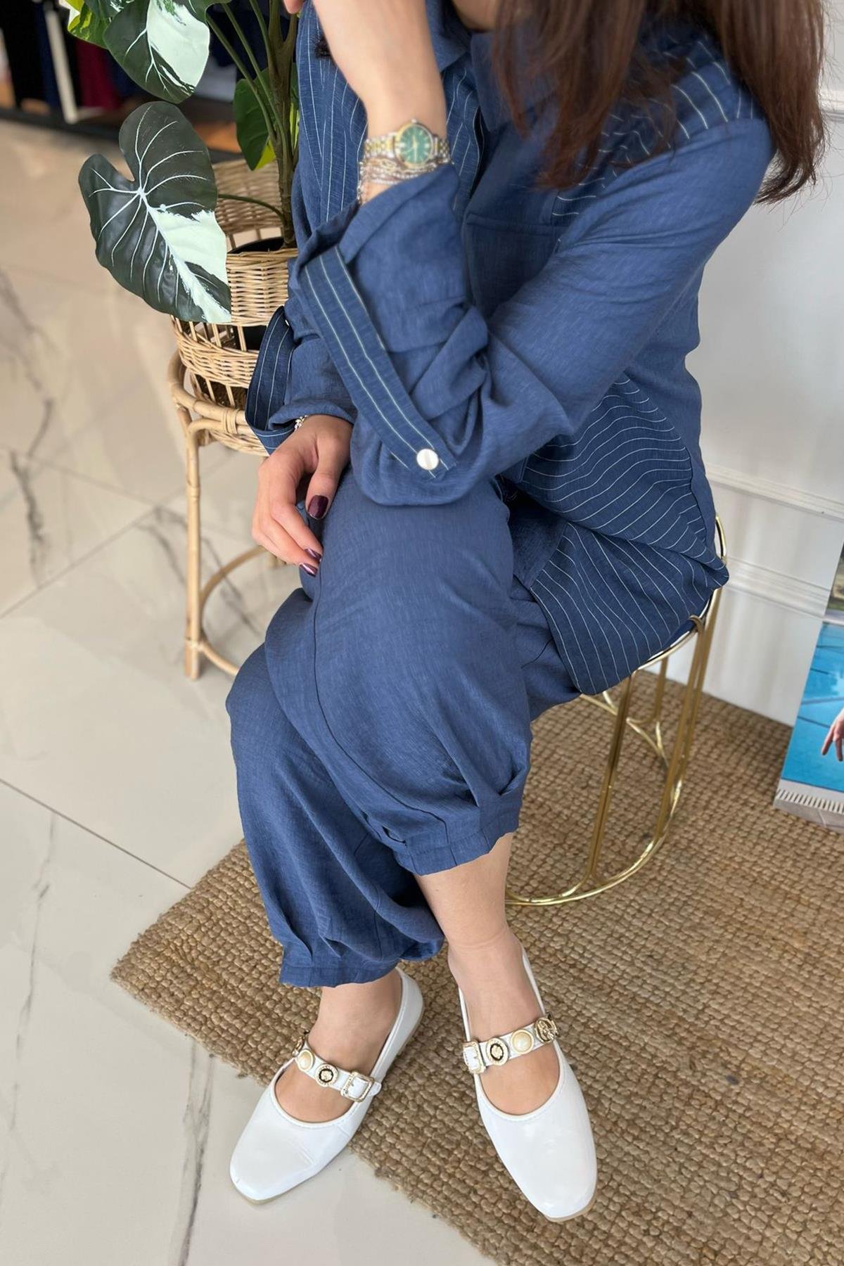 Nuss Çizgili Cep Detay Takım 1041 İndigo