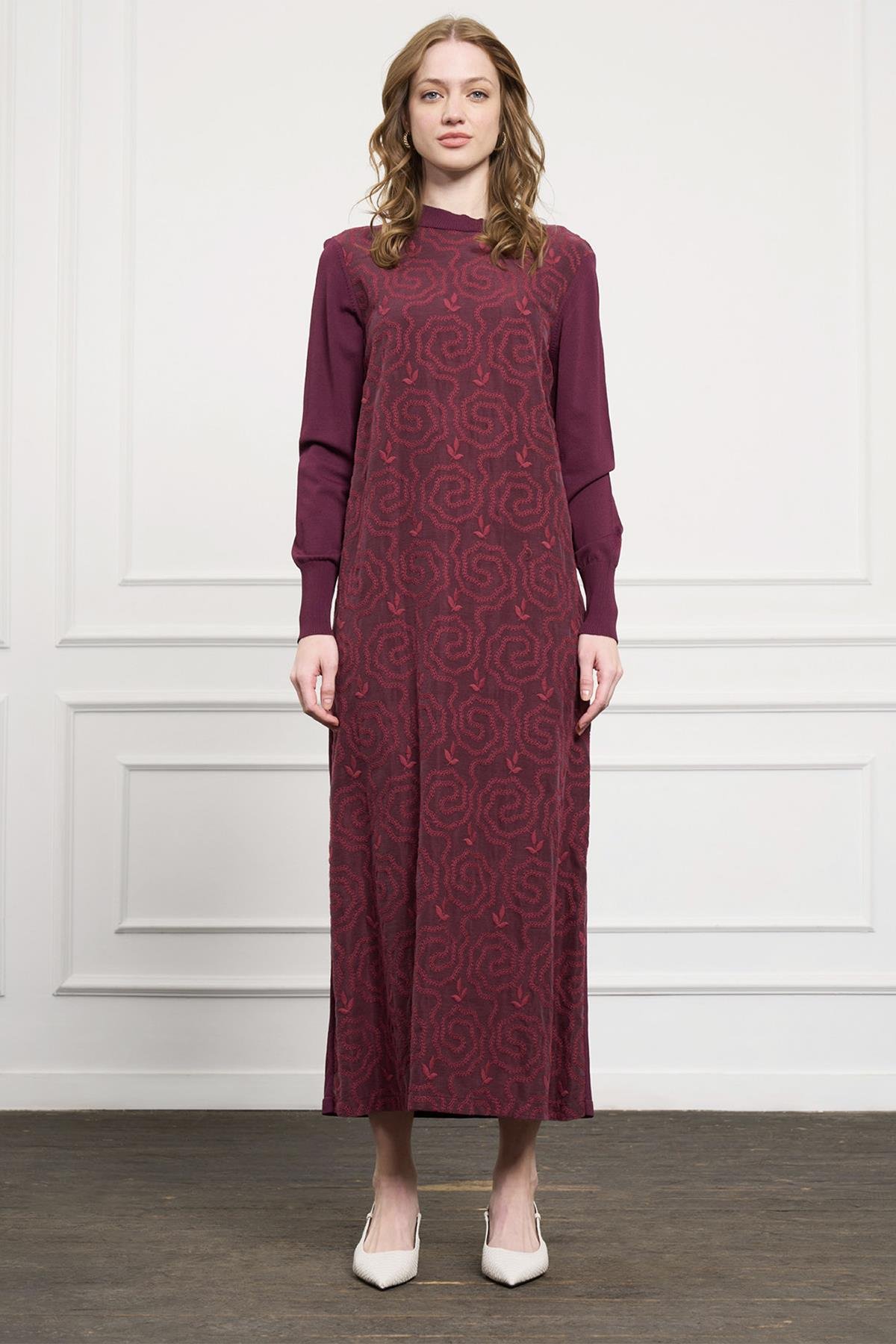 Nuss Desenli Elbise 2061 Mürdüm