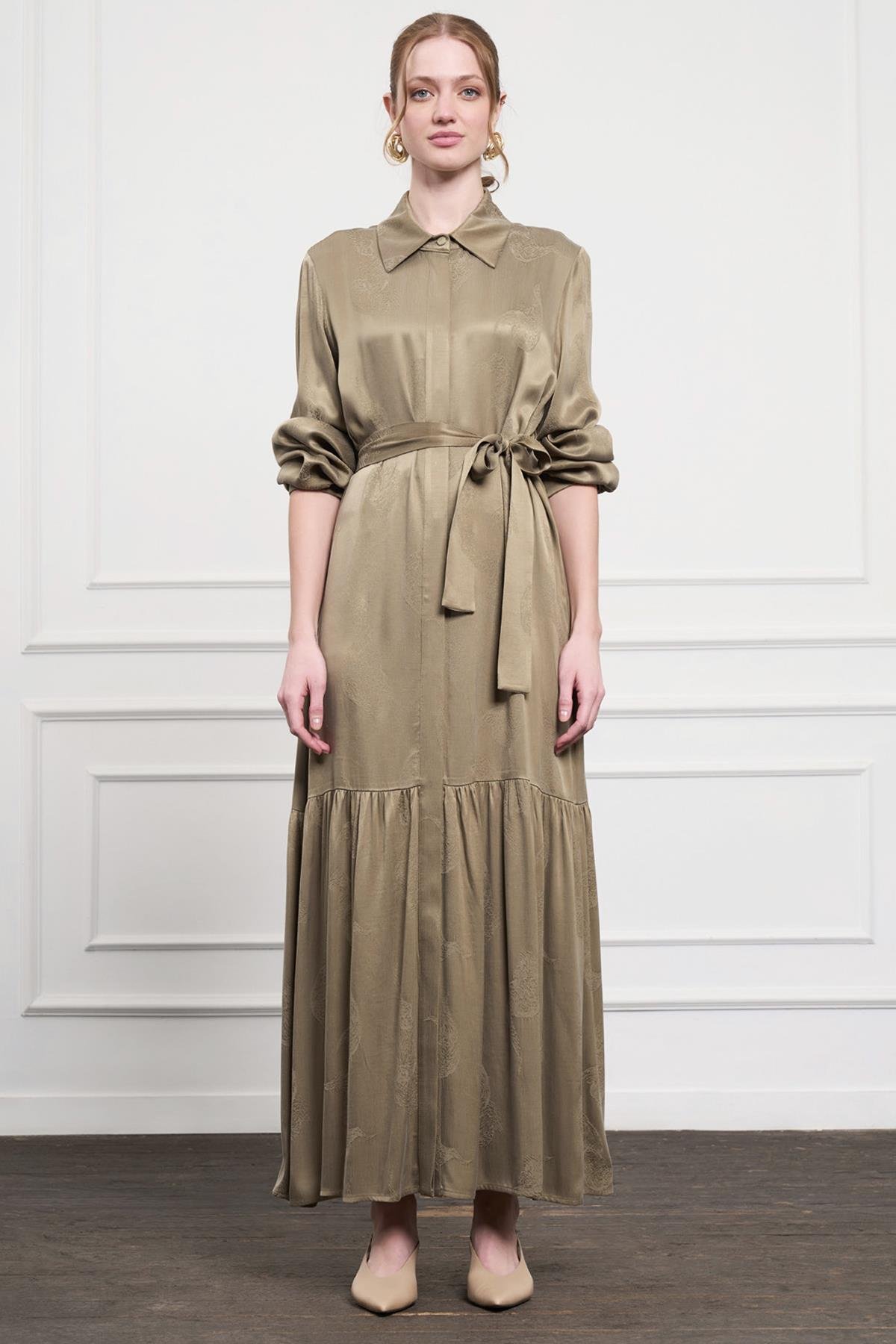 Nuss Desenli Kemer Detay Elbise 2044 Haki