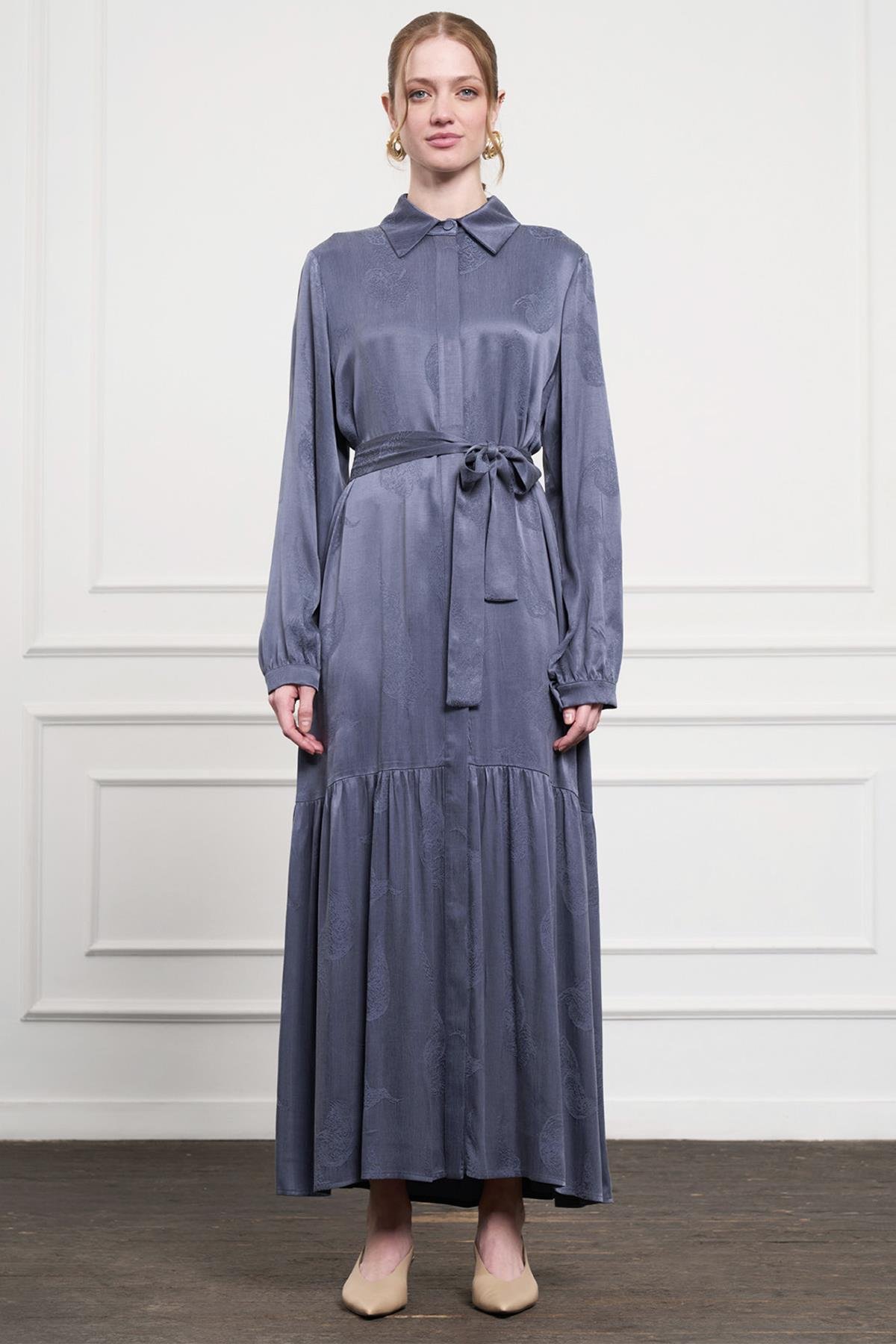 Nuss Desenli Kemer Detay Elbise 2044 İndigo