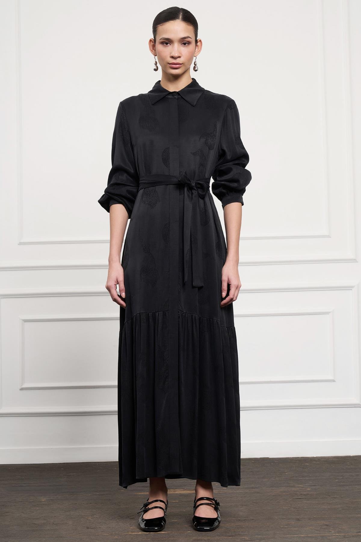 Nuss Desenli Kemer Detay Elbise 2044 Siyah