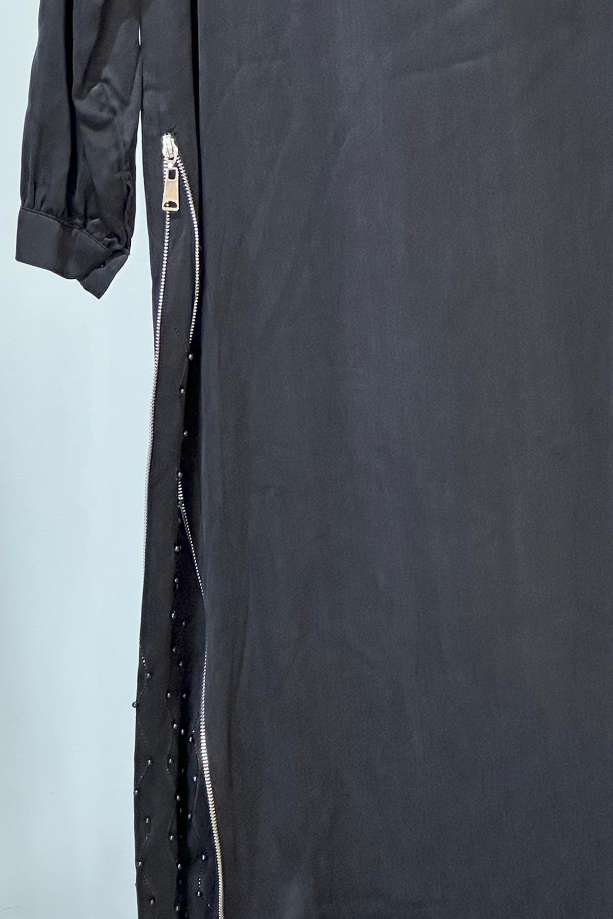 Nuss Fermuar ve Taş Detay Elbise 2057 Siyah