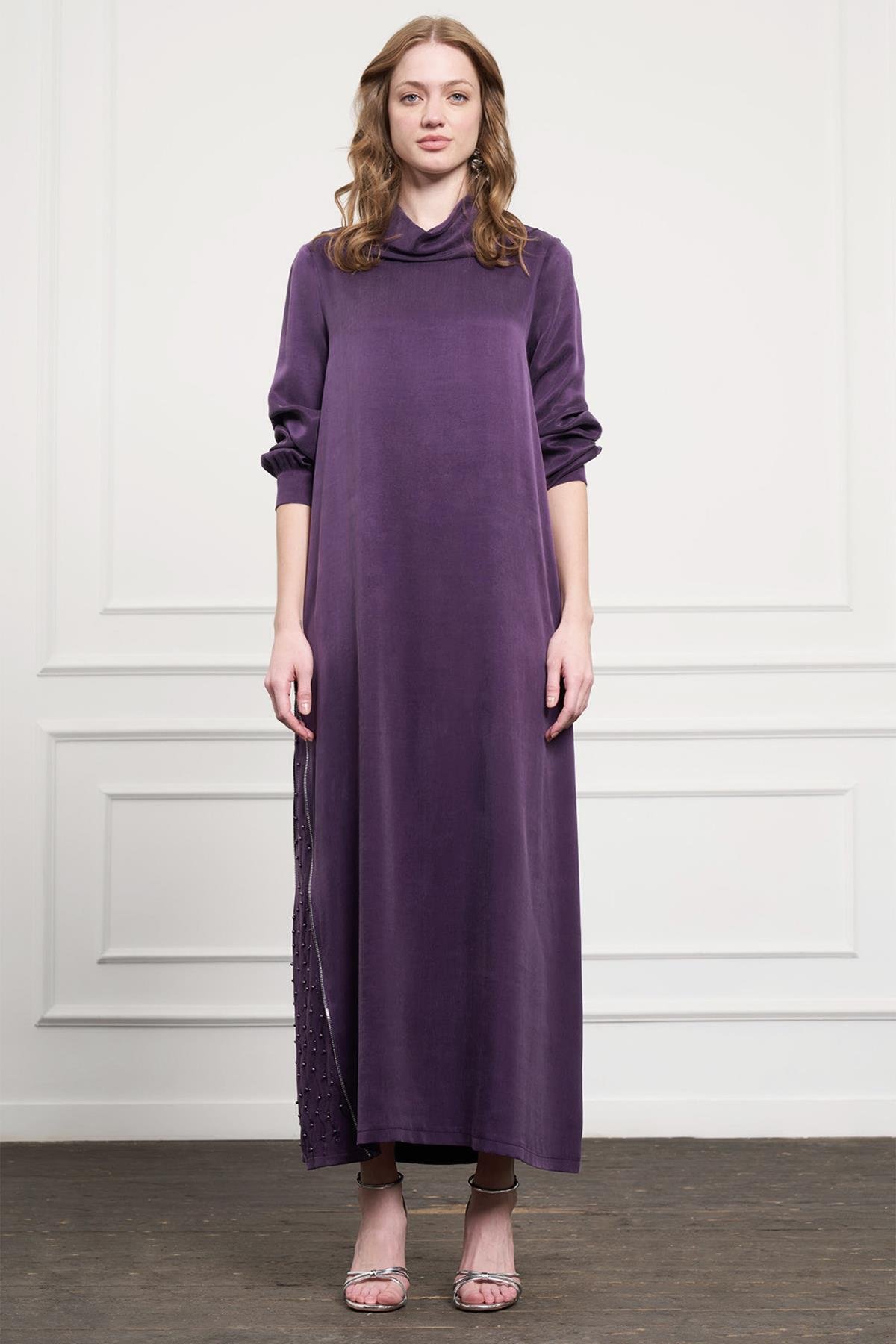 Nuss  Fermuar ve Taş Detay Elbise 2057 Mor