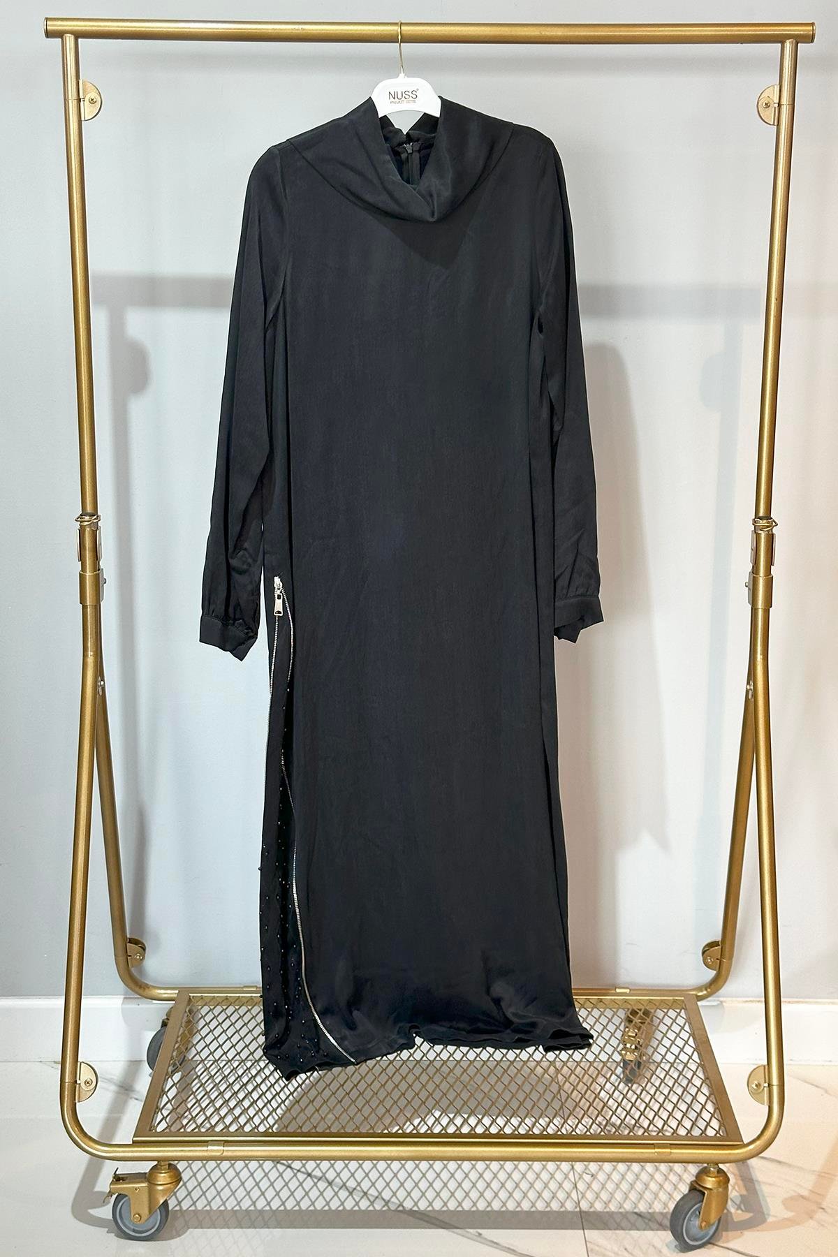 Nuss Fermuar ve Taş Detay Elbise 2057 Siyah