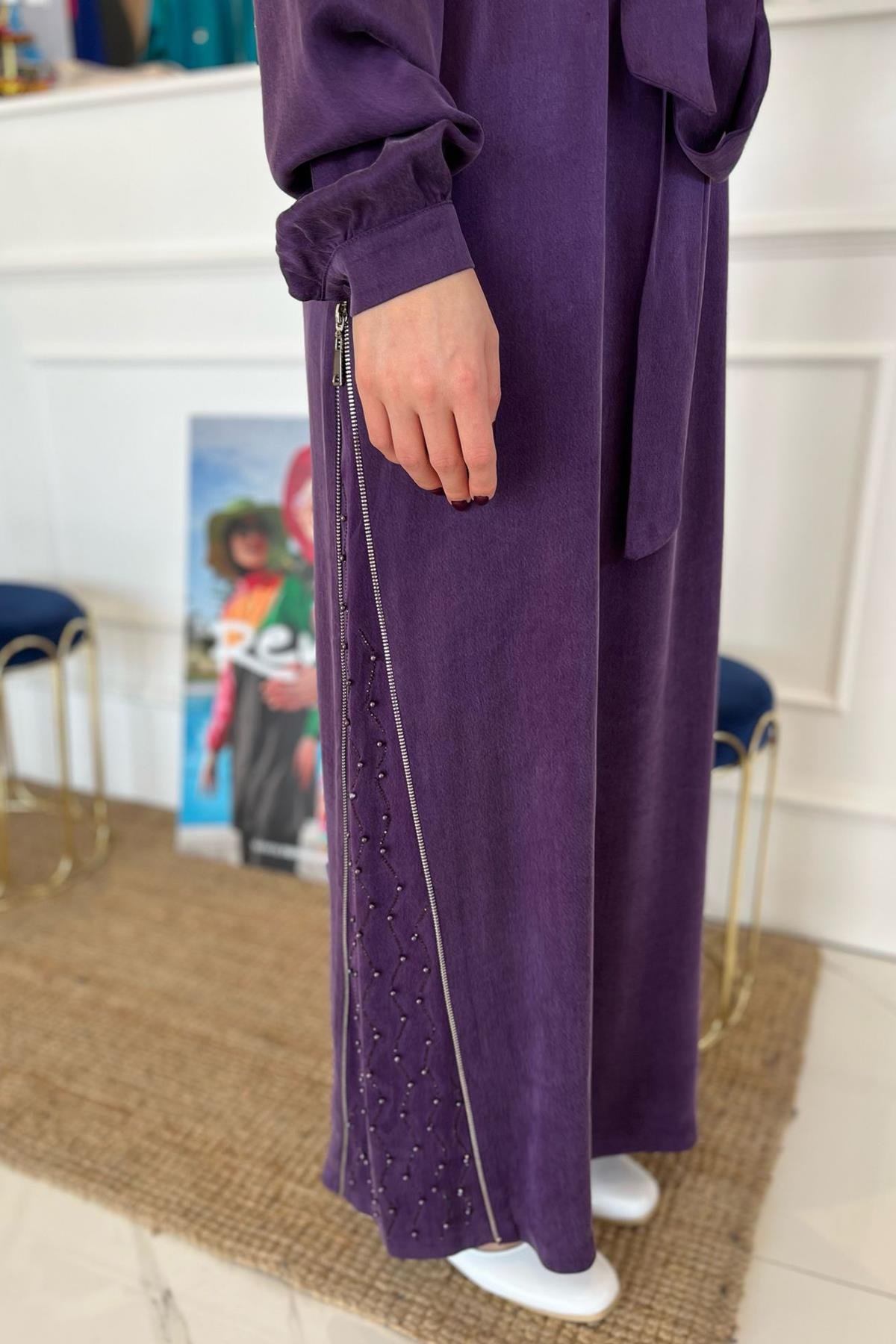 Nuss  Fermuar ve Taş Detay Elbise 2057 Mor