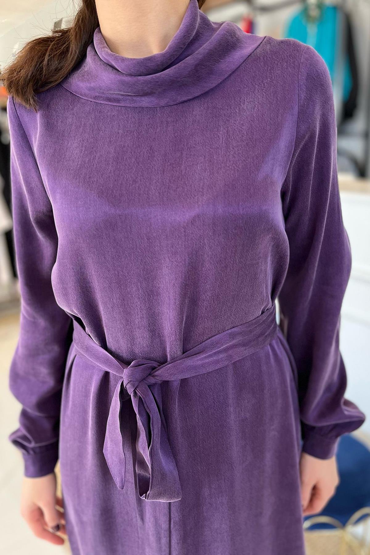 Nuss  Fermuar ve Taş Detay Elbise 2057 Mor