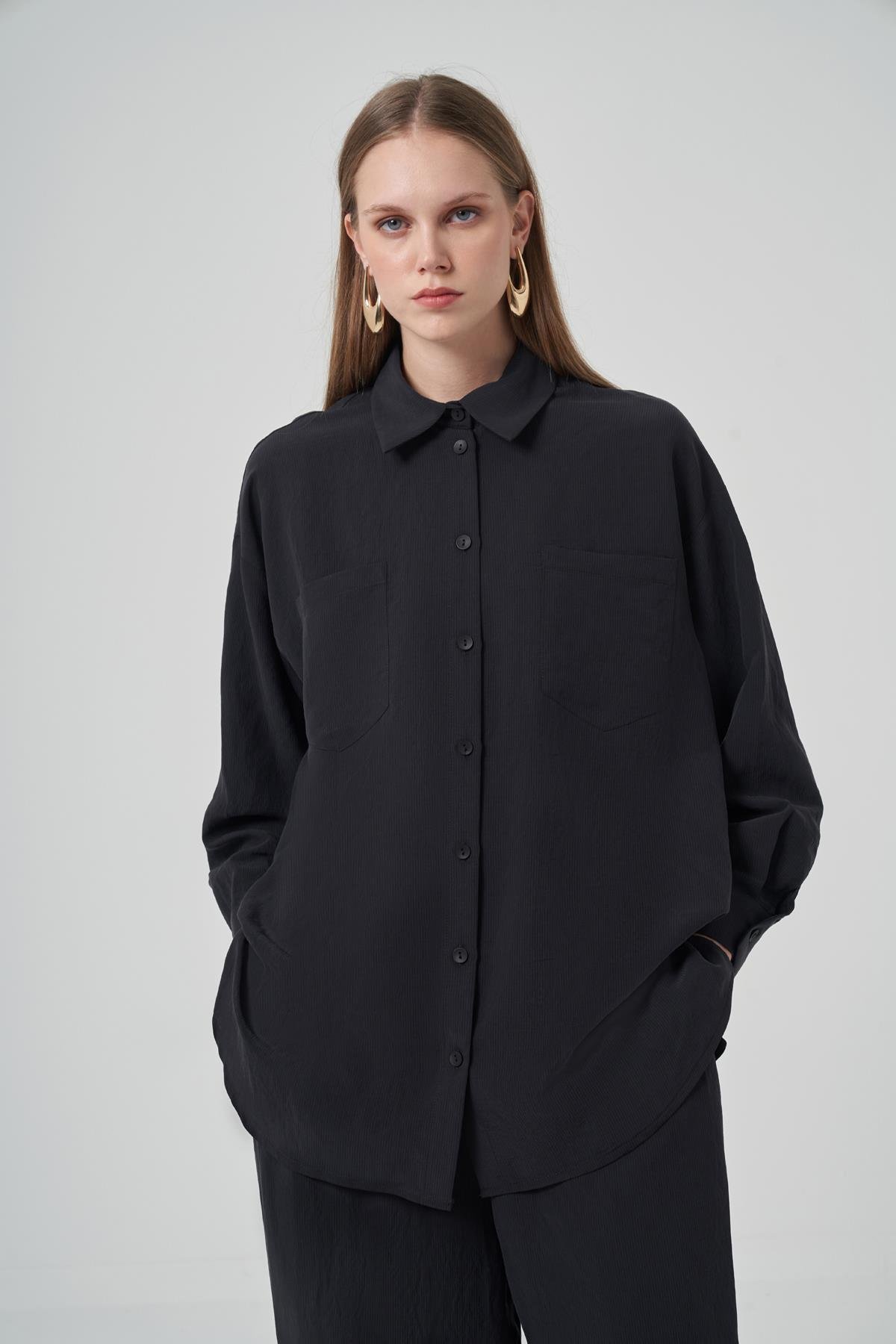 Nuss Gömlek Bol Paça Pantolon Takım 1021 Siyah