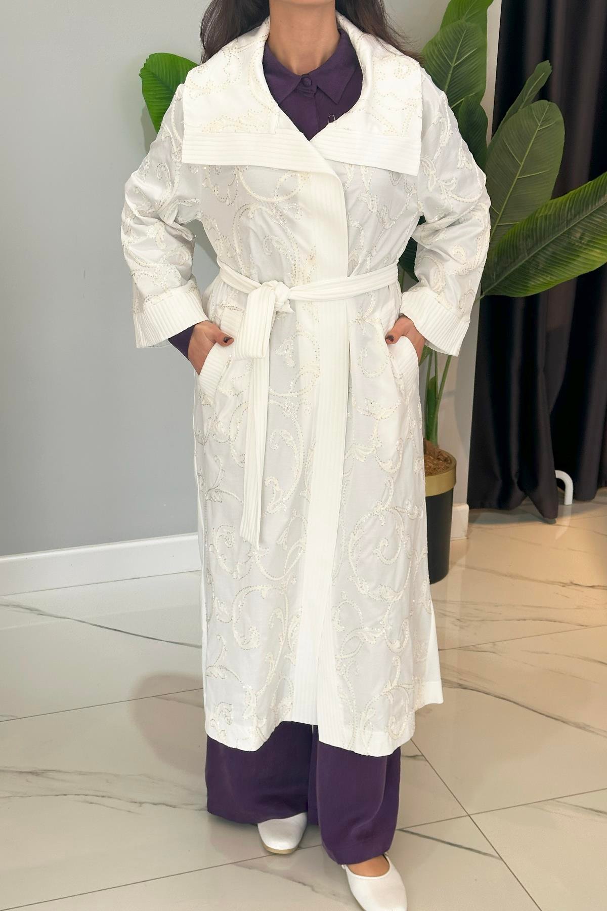 Nuss İşleme Detay Kap Ceket 6041 Ekru