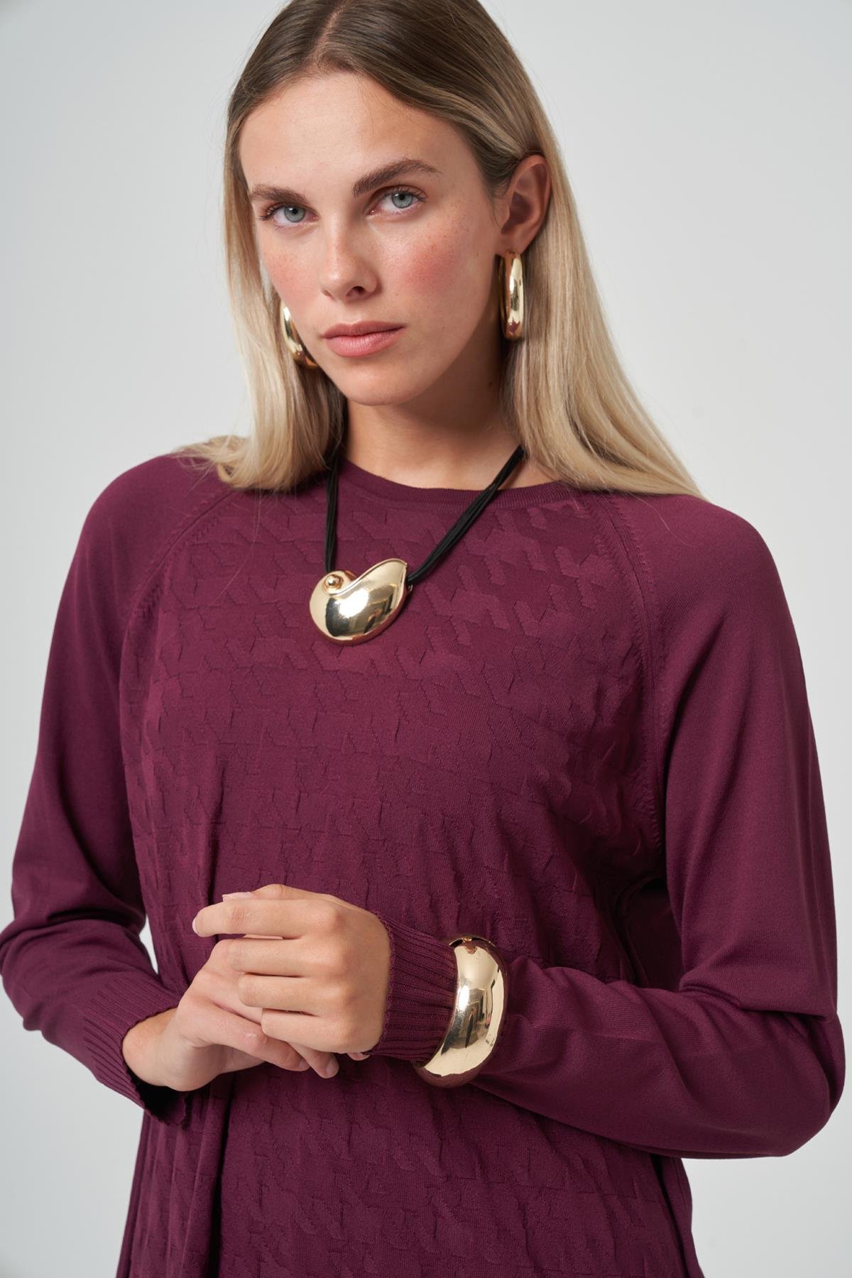 Nuss Kazayağı Desen Merserize Kalem Etekli Triko Takım 1350 Bordo