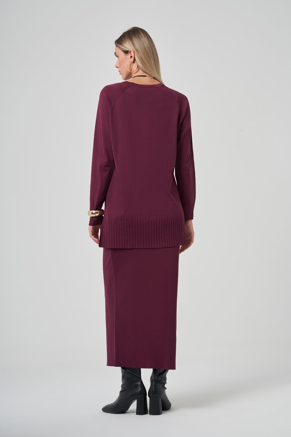 Nuss Kazayağı Desen Merserize Kalem Etekli Triko Takım 1350 Bordo