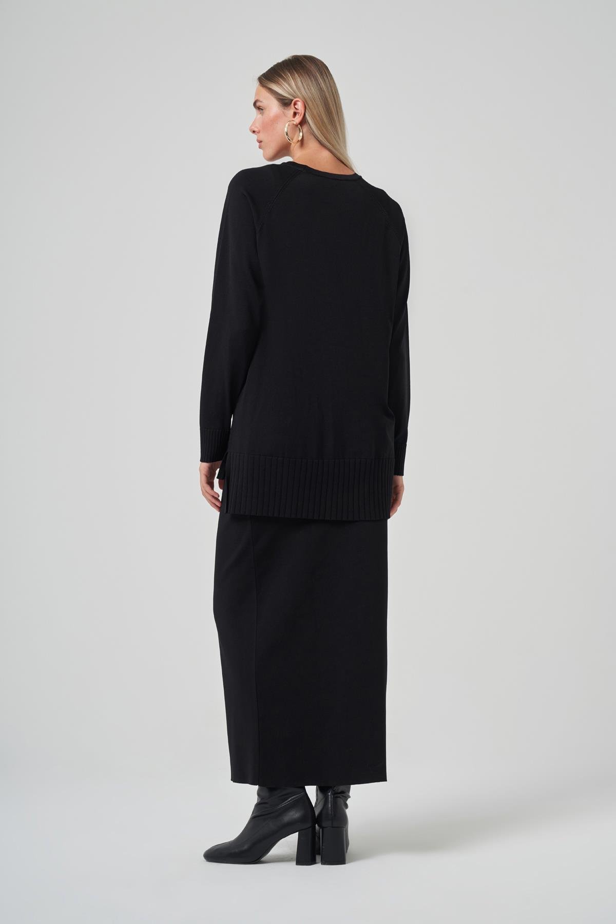 Nuss Kazayağı Desen Merserize Kalem Etekli Triko Takım 1350 Siyah