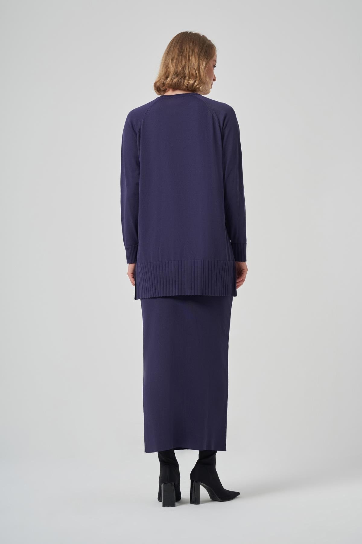 Nuss Kazayağı Desen Merserize Kalem Etekli Triko Takım 1350 Lacivert