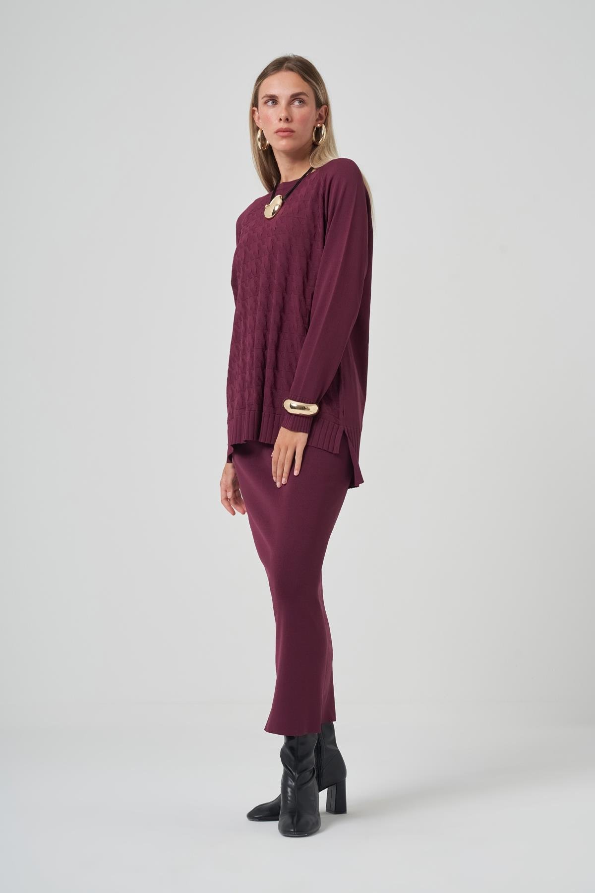 Nuss Kazayağı Desen Merserize Kalem Etekli Triko Takım 1350 Bordo