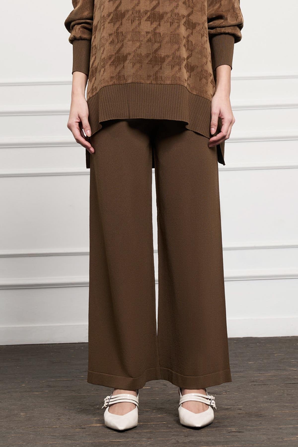 Nuss Merserize Bol Paça Pantolon 002 Koyu Kahverengi