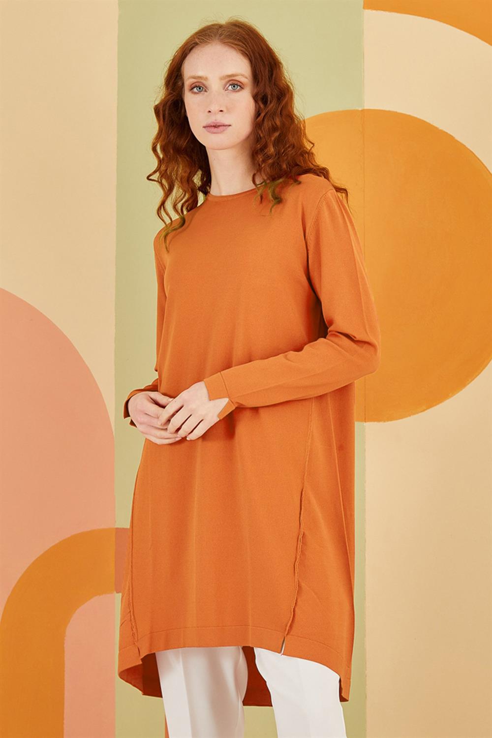 Nuss Merserize Çapraz Biriktirme Detaylı Tunik 061 Kiremit