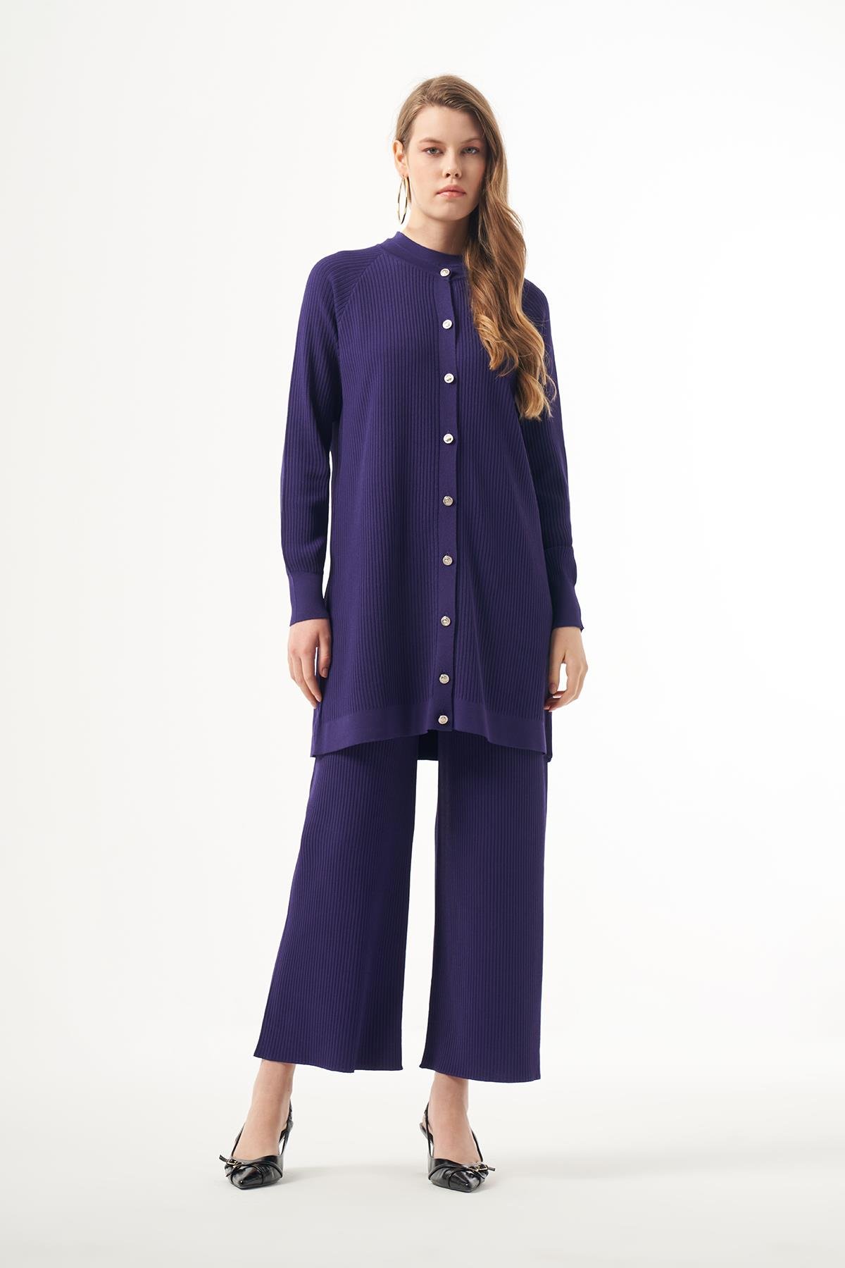 Nuss Merserize Çizgi Detay 3lü Hırka İçlik Pantolon Takım 1100 Mor