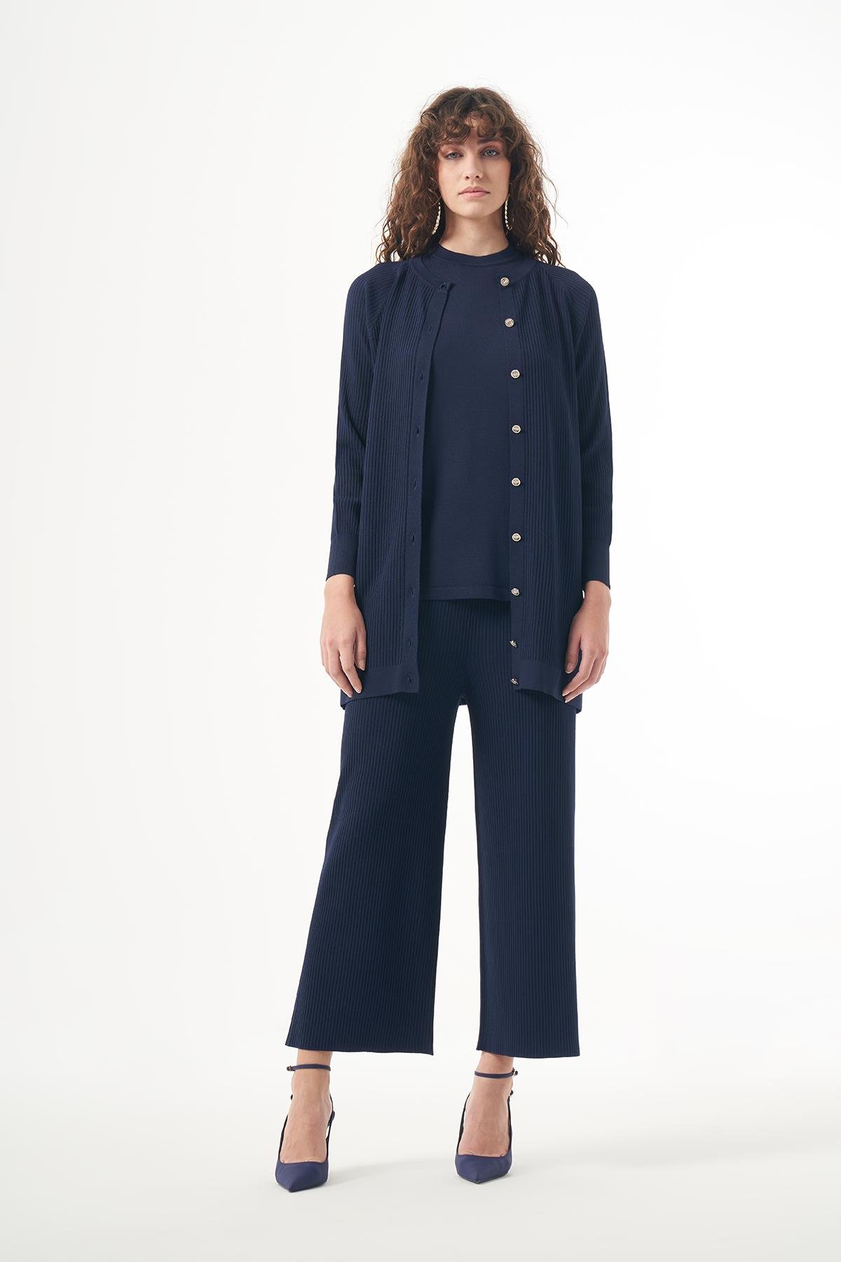 Nuss Merserize Çizgi Detay 3lü Hırka İçlik Pantolon Takım 1100 Lacivert