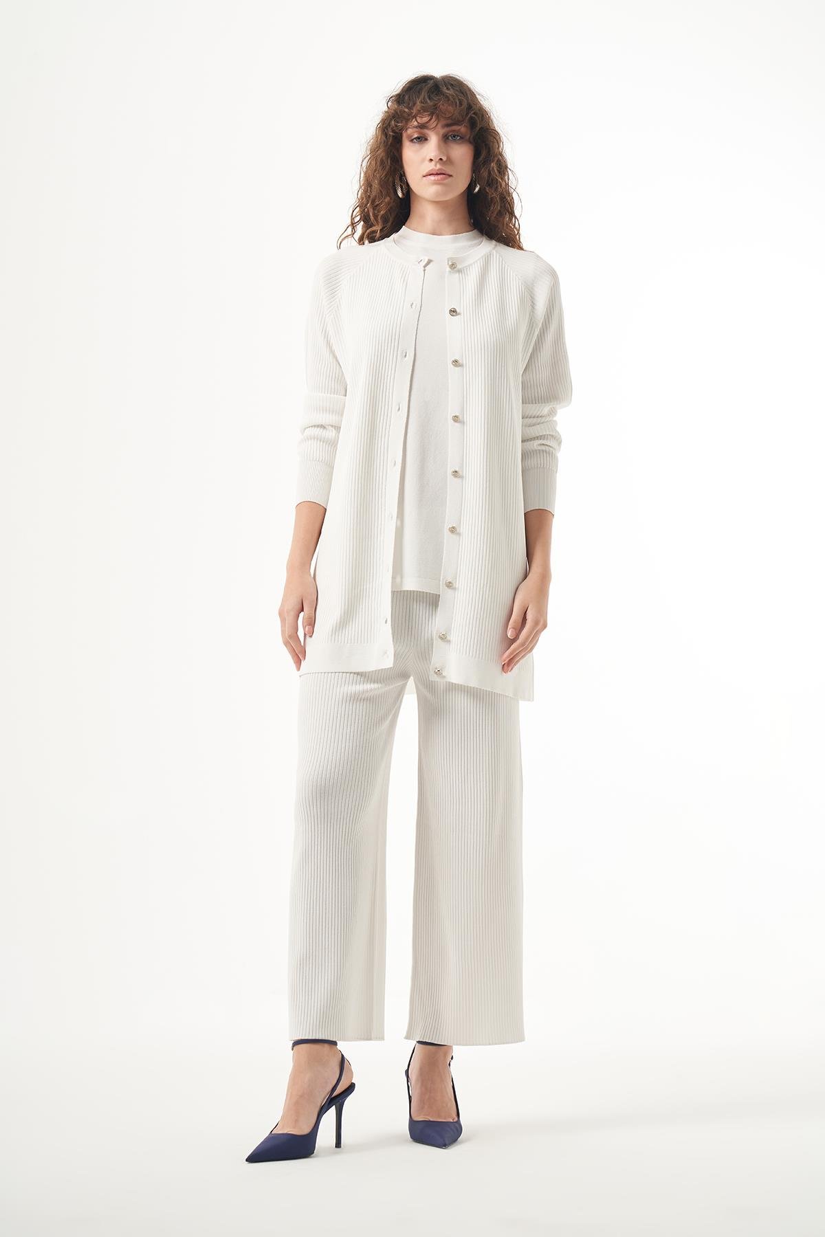 Nuss Merserize Çizgi Detay 3lü Hırka İçlik Pantolon Takım 1100 Ekru