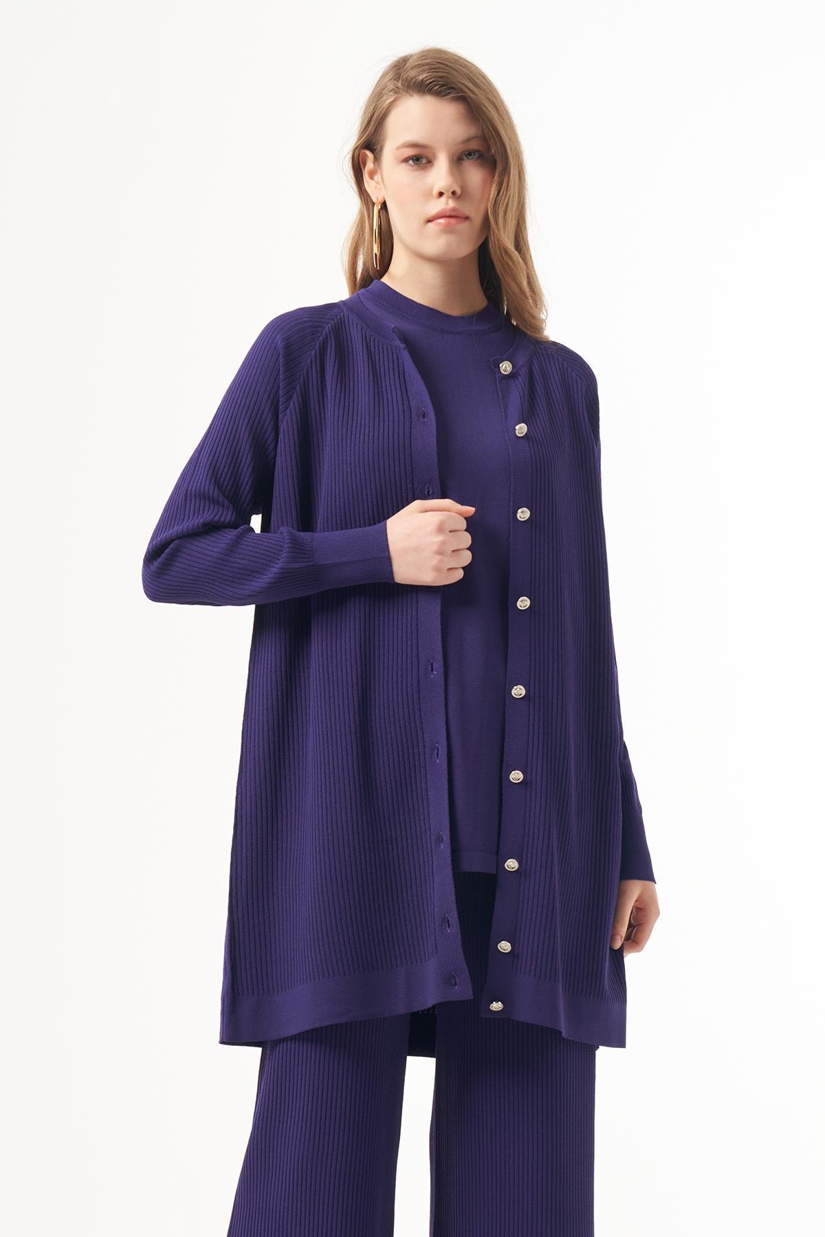 Nuss Merserize Çizgi Detay 3lü Hırka İçlik Pantolon Takım 1100 Mor