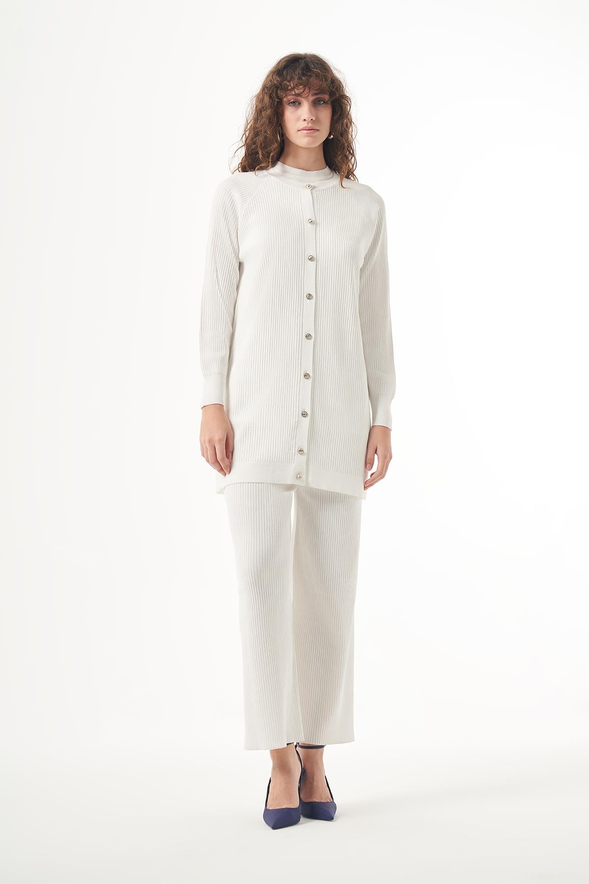 Nuss Merserize Çizgi Detay 3lü Hırka İçlik Pantolon Takım 1100 Ekru