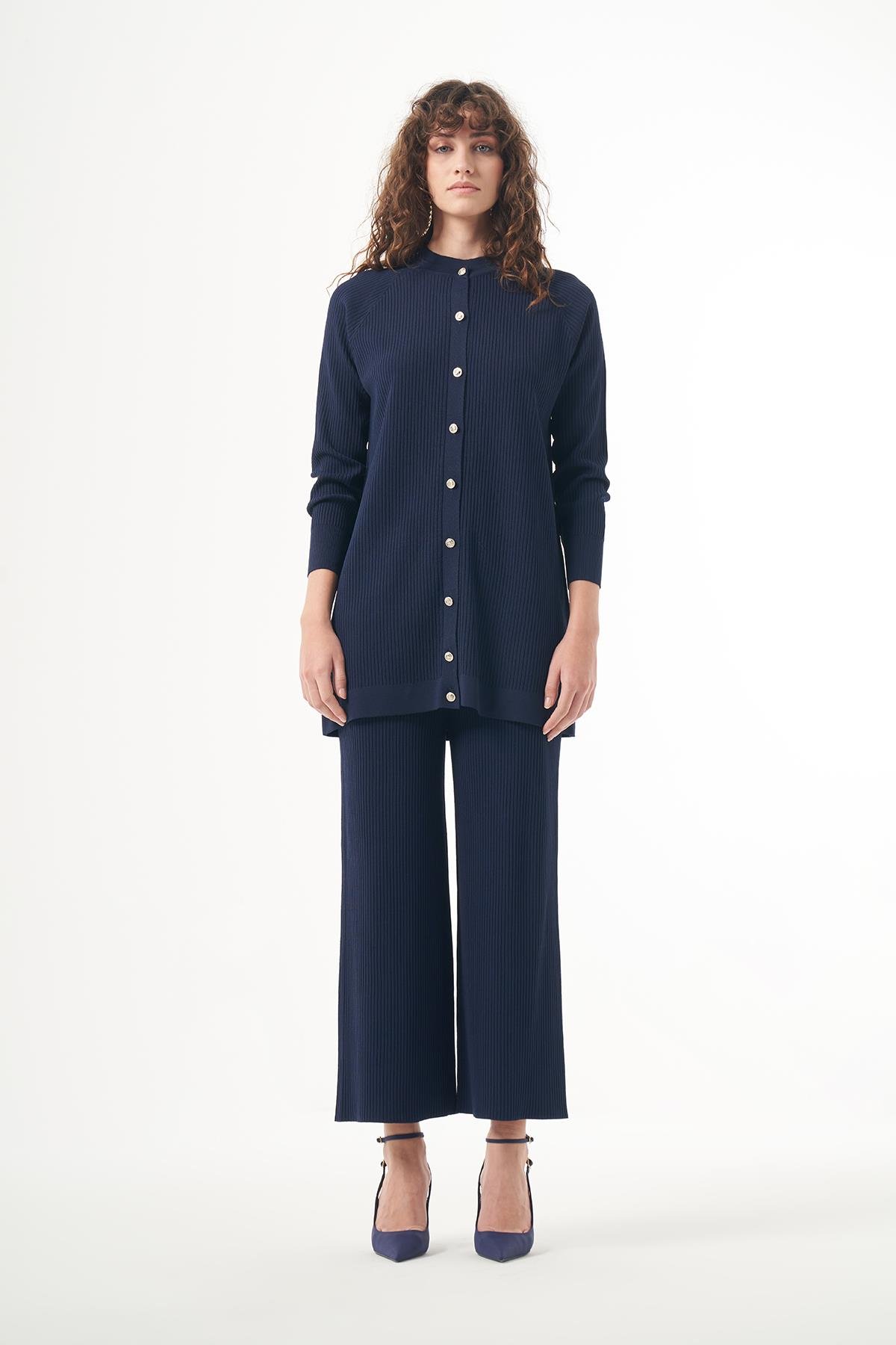 Nuss Merserize Çizgi Detay 3lü Hırka İçlik Pantolon Takım 1100 Lacivert