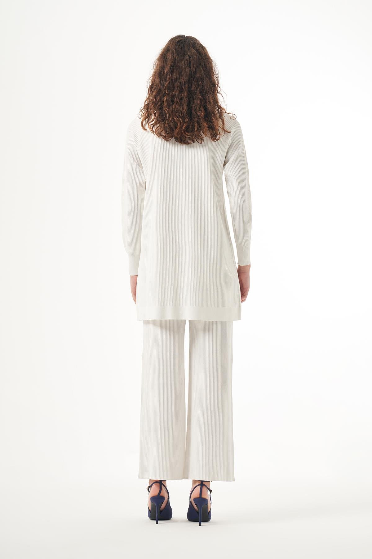 Nuss Merserize Çizgi Detay 3lü Hırka İçlik Pantolon Takım 1100 Ekru