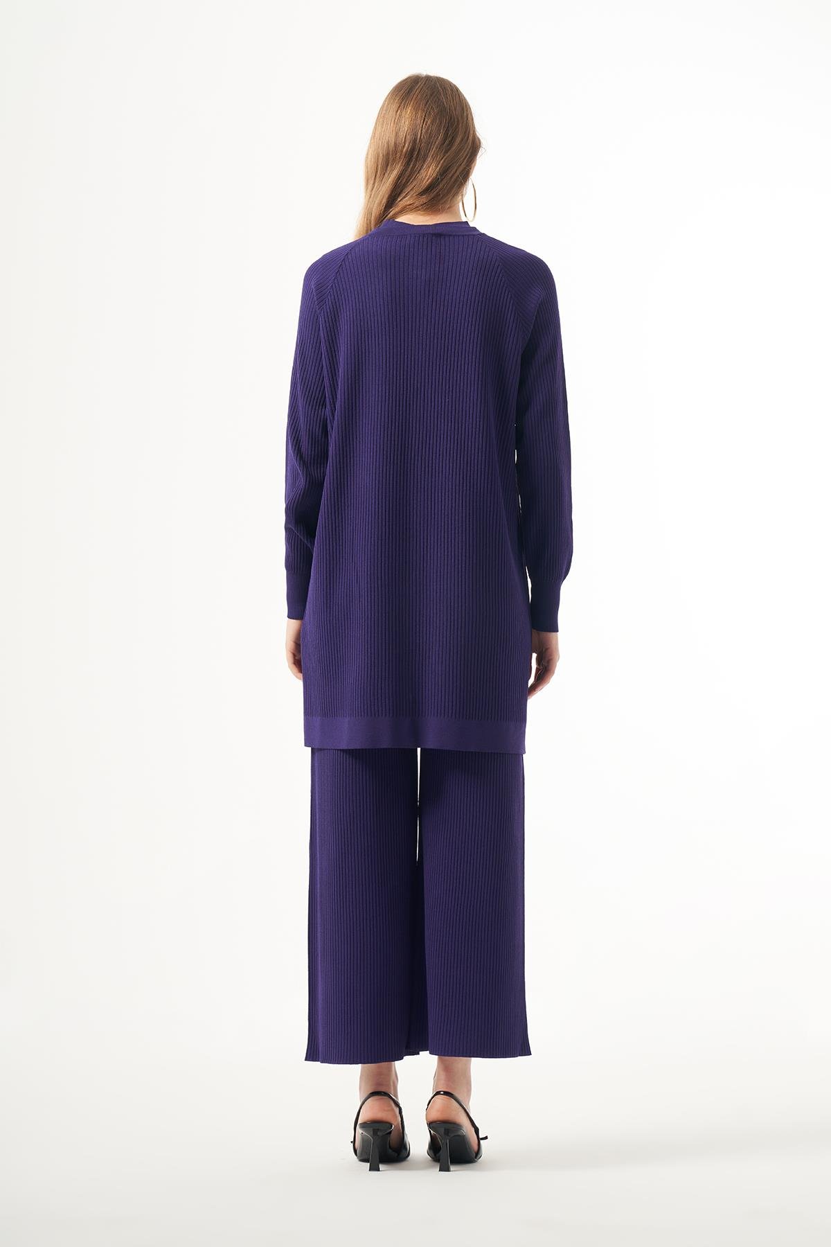 Nuss Merserize Çizgi Detay 3lü Hırka İçlik Pantolon Takım 1100 Mor