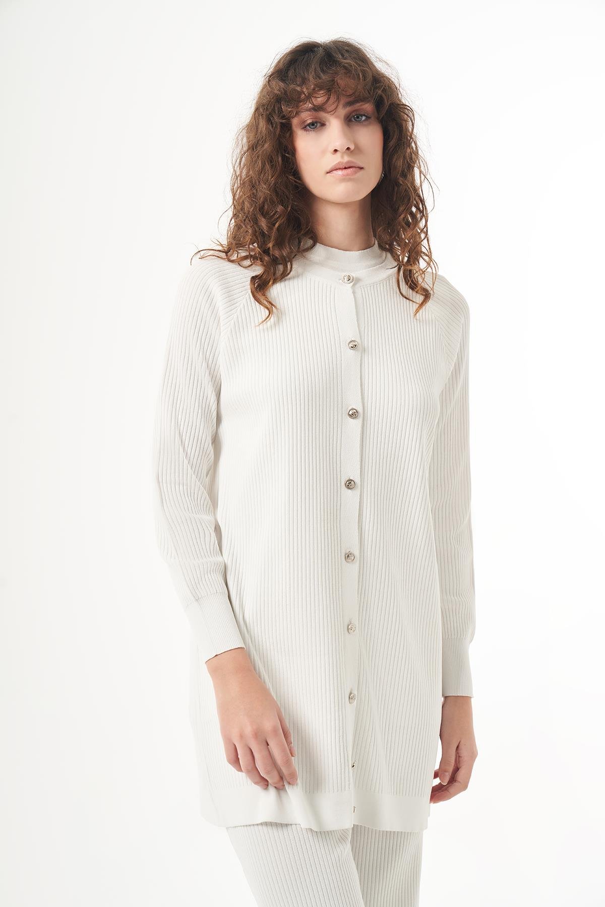 Nuss Merserize Çizgi Detay 3lü Hırka İçlik Pantolon Takım 1100 Ekru