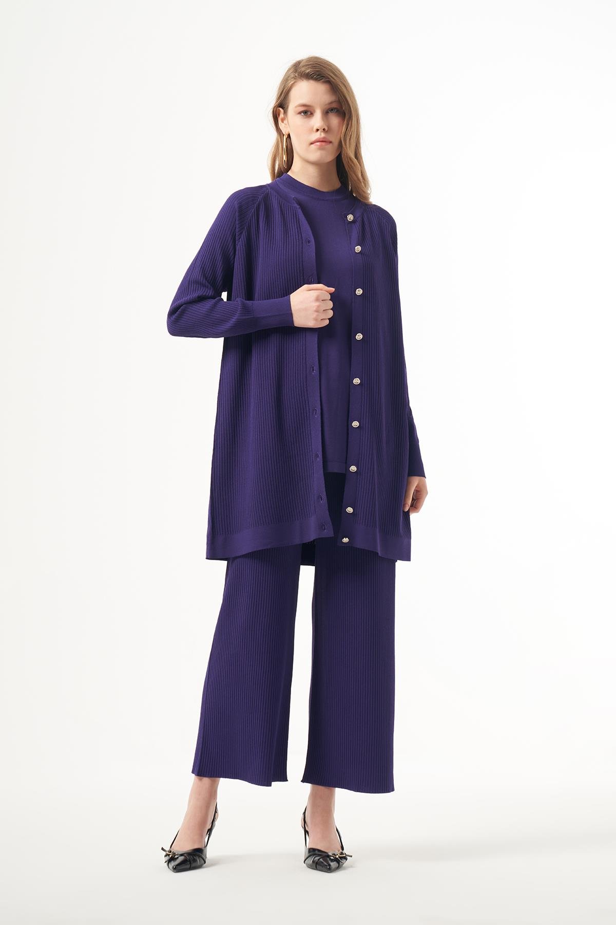 Nuss Merserize Çizgi Detay 3lü Hırka İçlik Pantolon Takım 1100 Mor