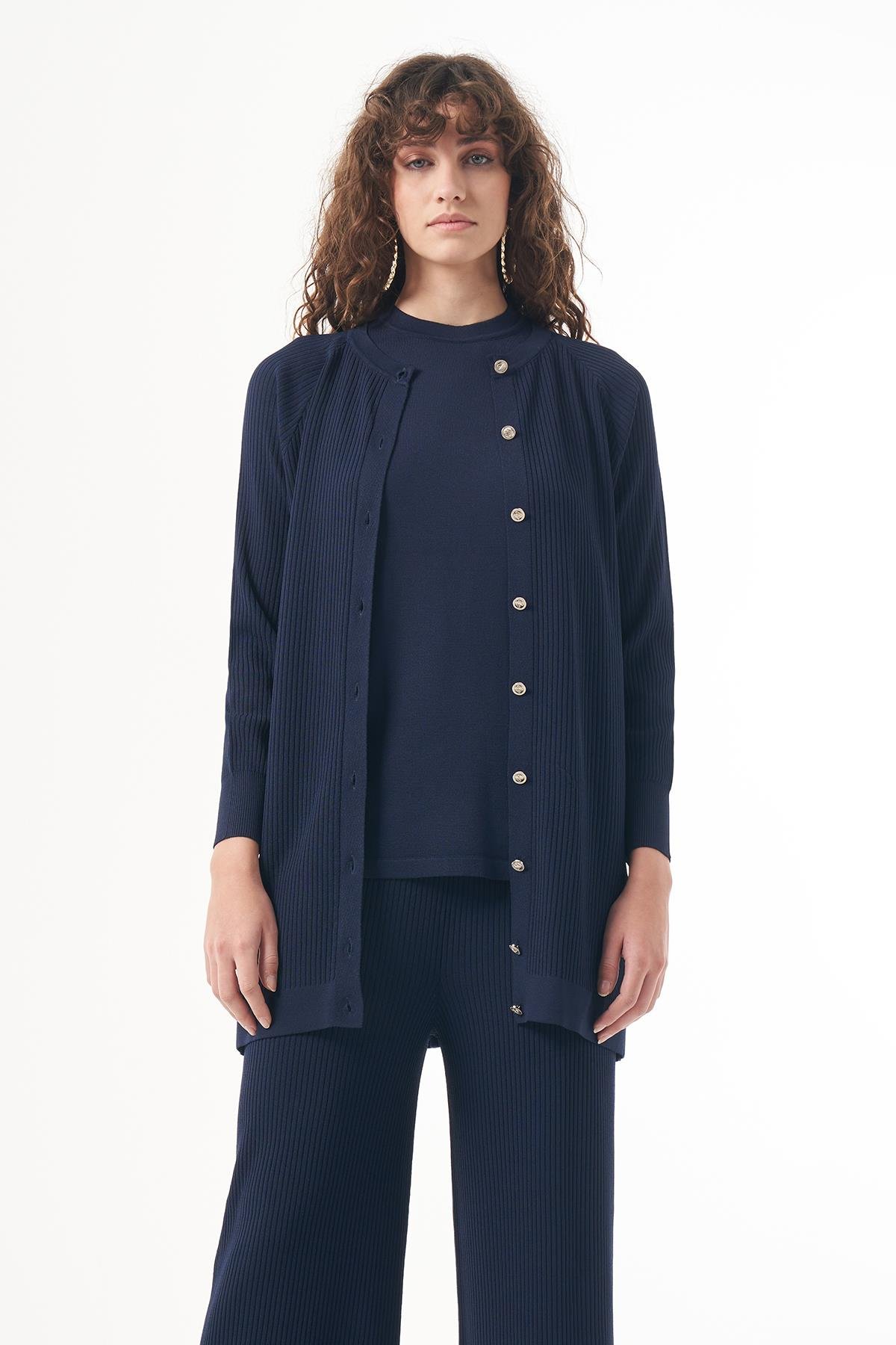 Nuss Merserize Çizgi Detay 3lü Hırka İçlik Pantolon Takım 1100 Lacivert