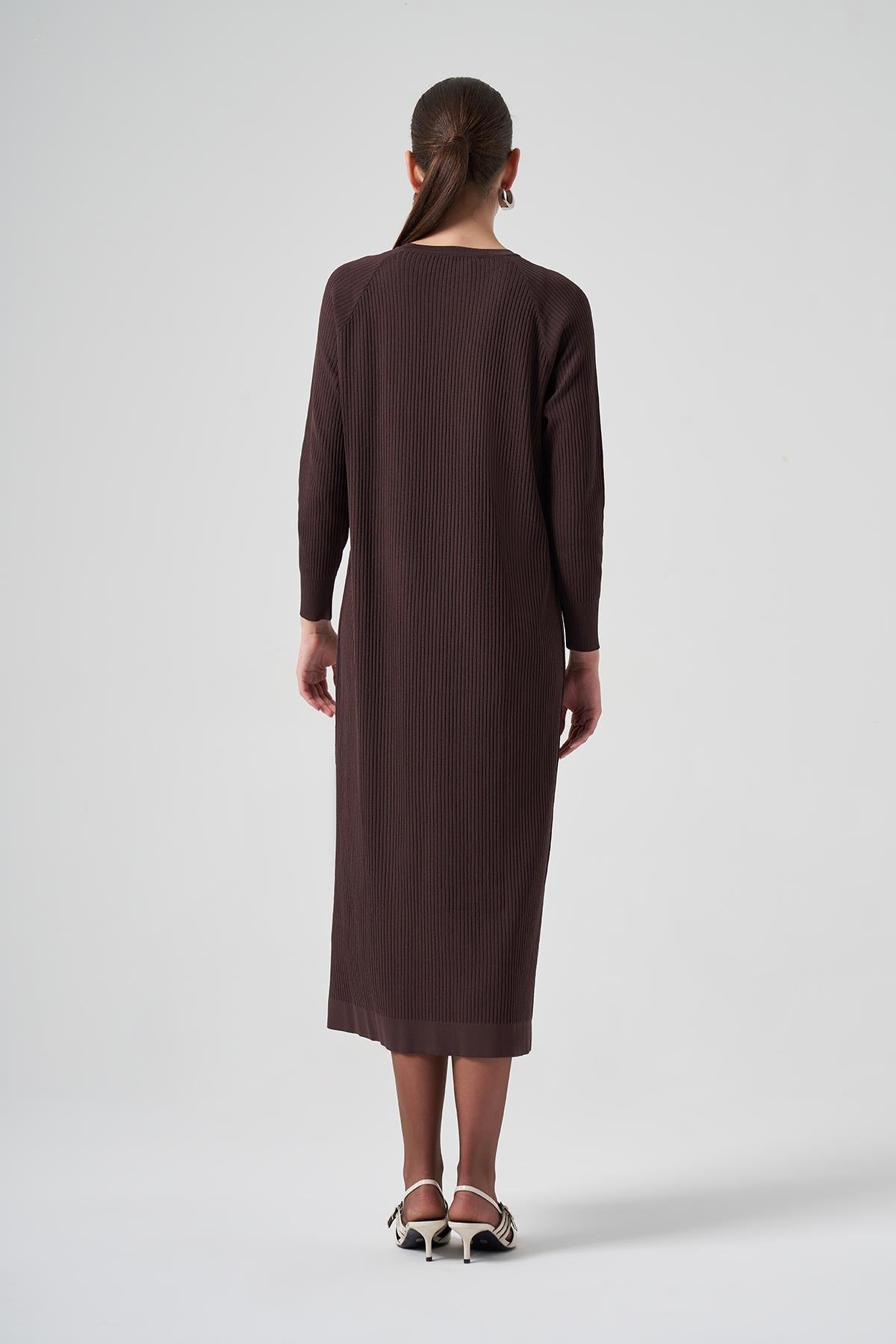 Nuss Merserize Çizgi Detay Uzun Hırka 1110 Kahve