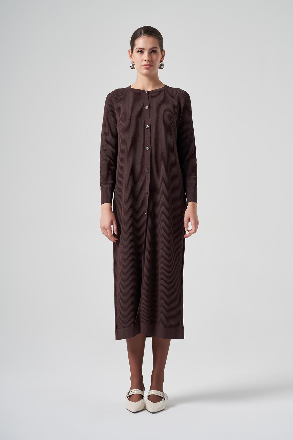 Nuss Merserize Çizgi Detay Uzun Hırka 1110 Kahve