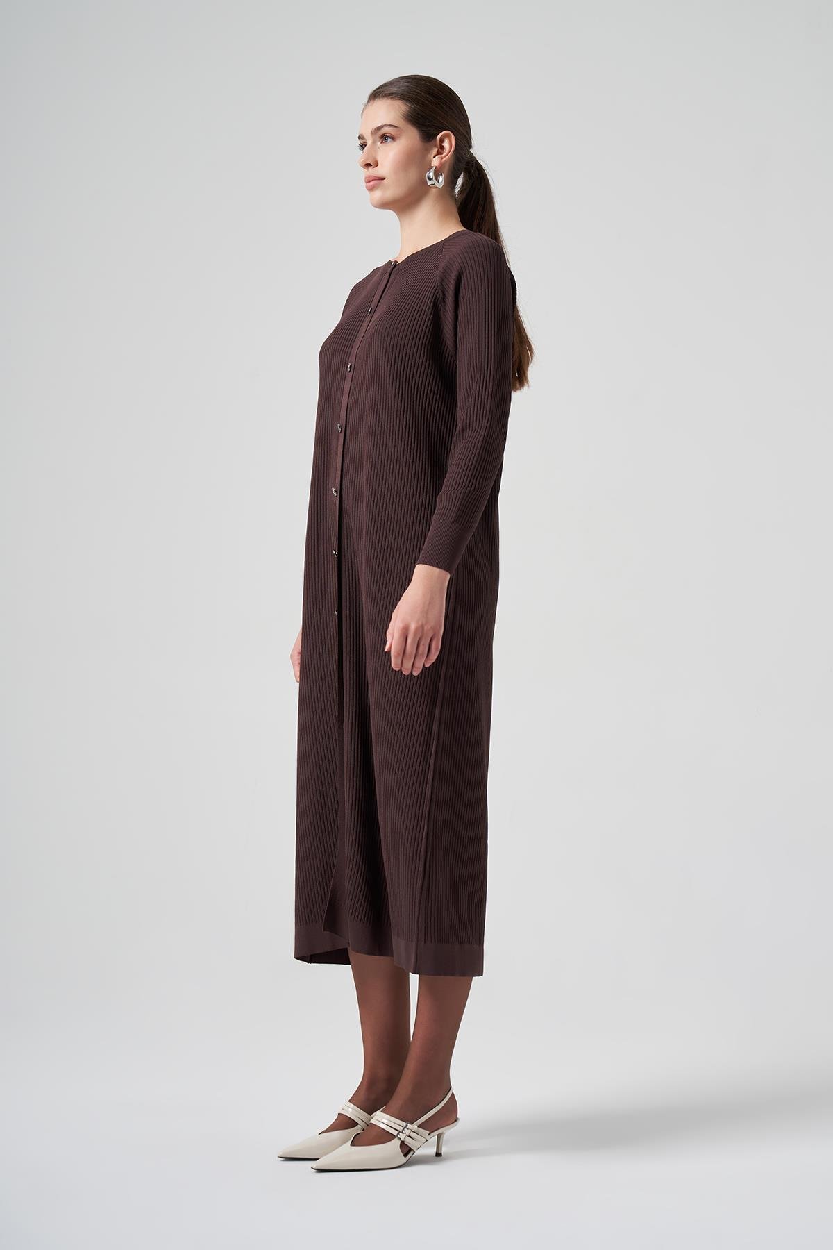 Nuss Merserize Çizgi Detay Uzun Hırka 1110 Kahve