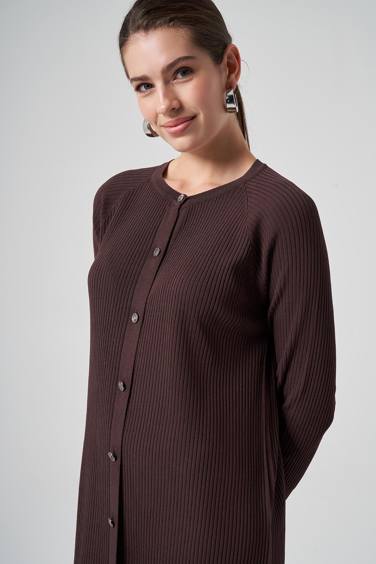 Nuss Merserize Çizgi Detay Uzun Hırka 1110 Kahve