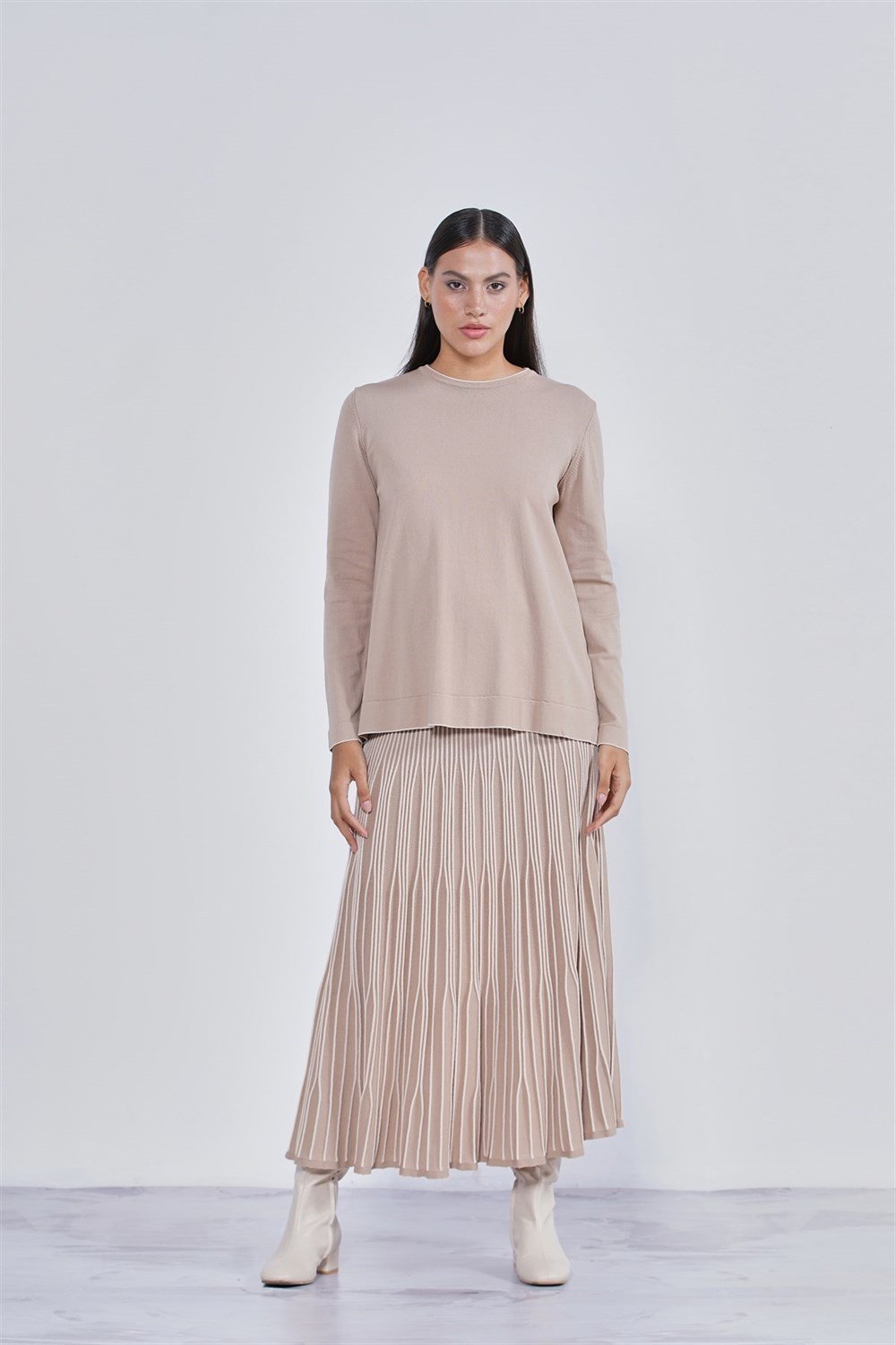 Nuss Merserize Piliseli Biyeli Triko Etekli Takım NS-22K-926TKM Mocha