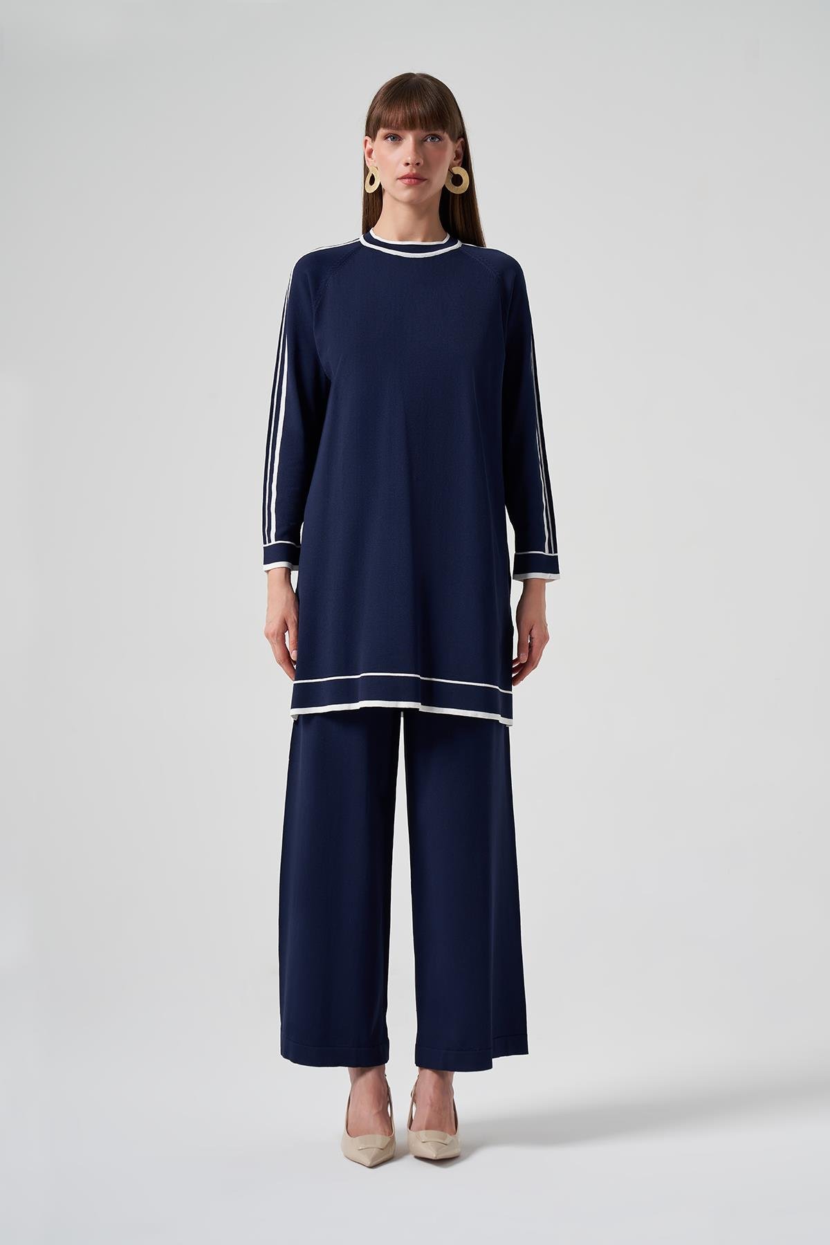 Nuss Merserize Renk Şerit Detay Pantolonlu Takım 1510 Lacivert