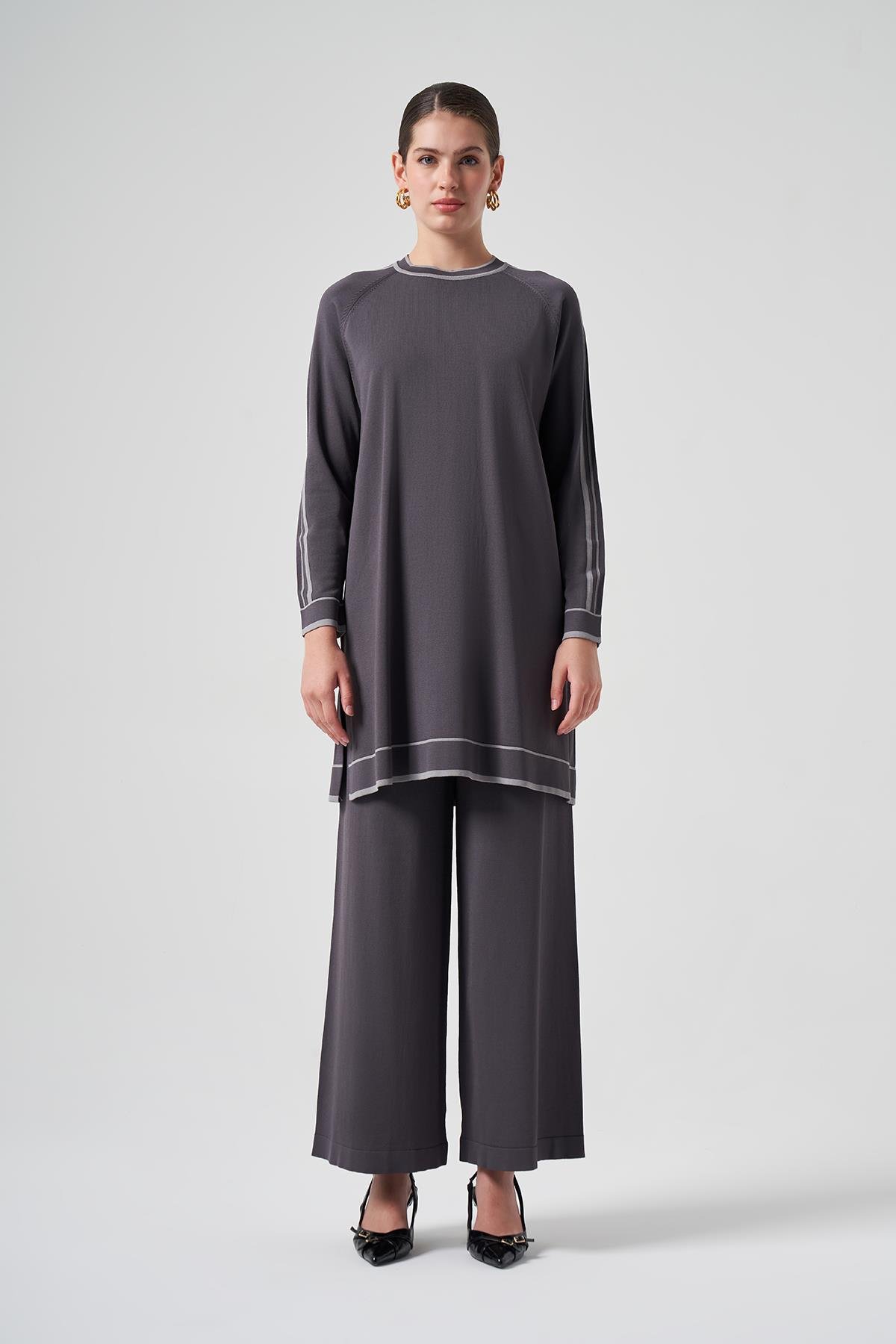 Nuss Merserize Renk Şerit Detay Pantolonlu Takım 1510 Füme