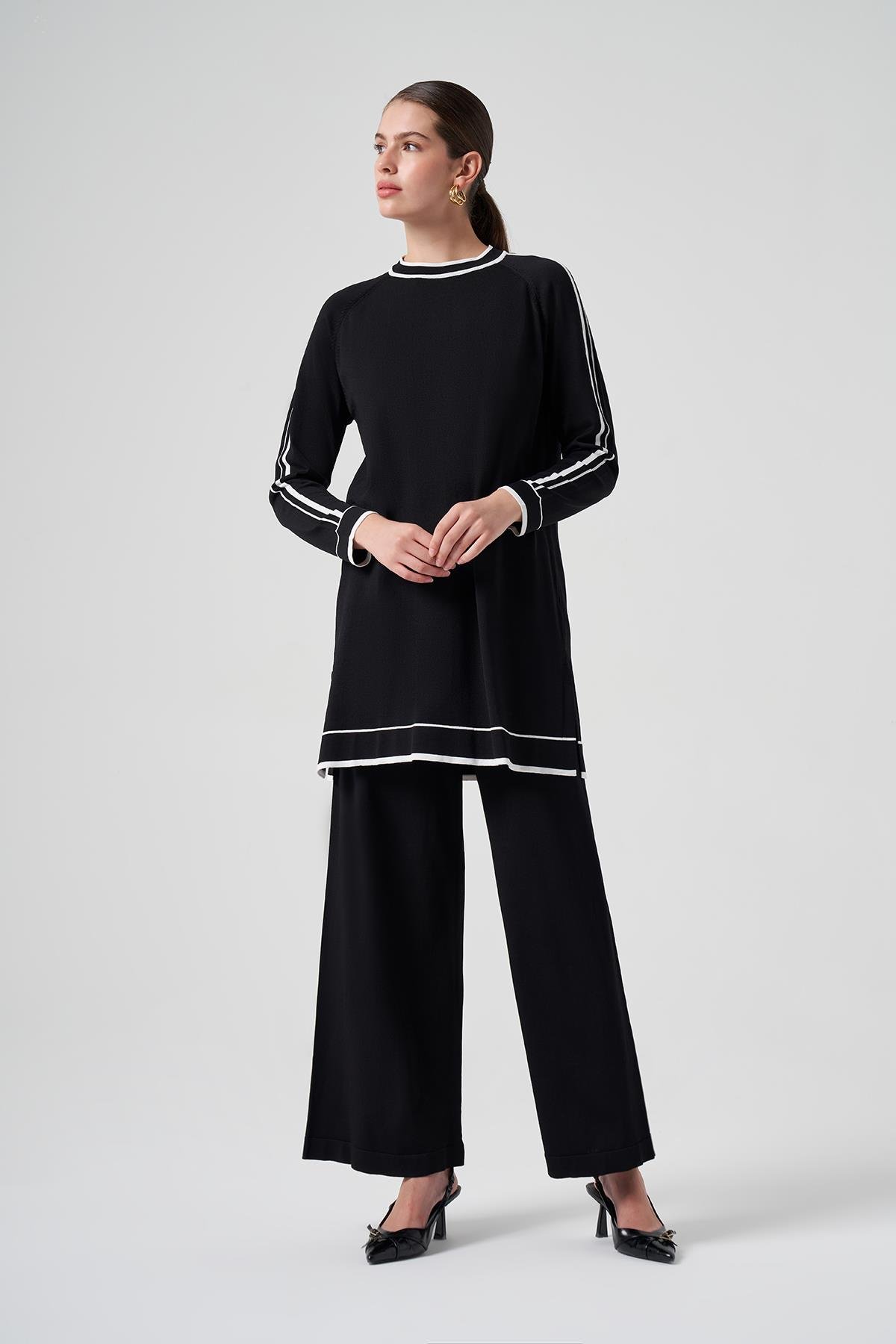 Nuss Merserize Renk Şerit Detay Pantolonlu Takım 1510 Siyah