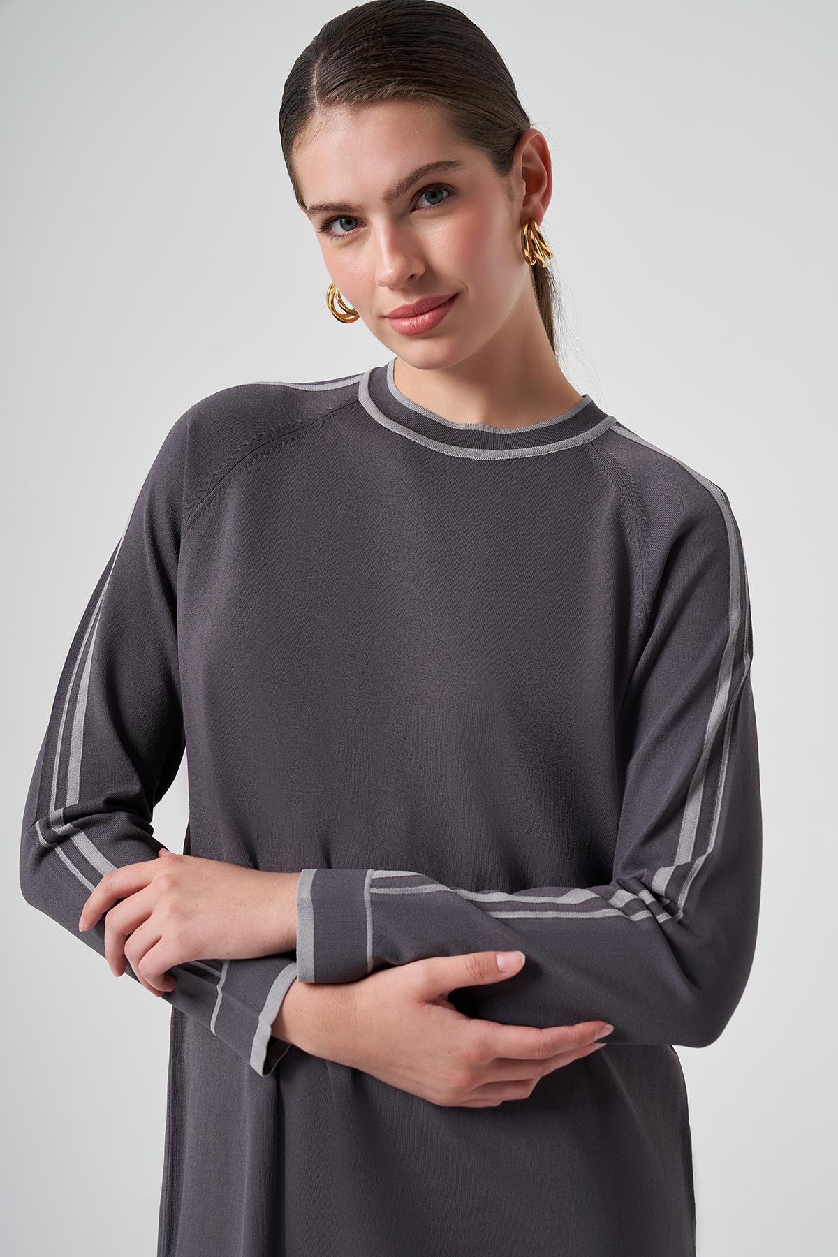 Nuss Merserize Renk Şerit Detay Pantolonlu Takım 1510 Füme