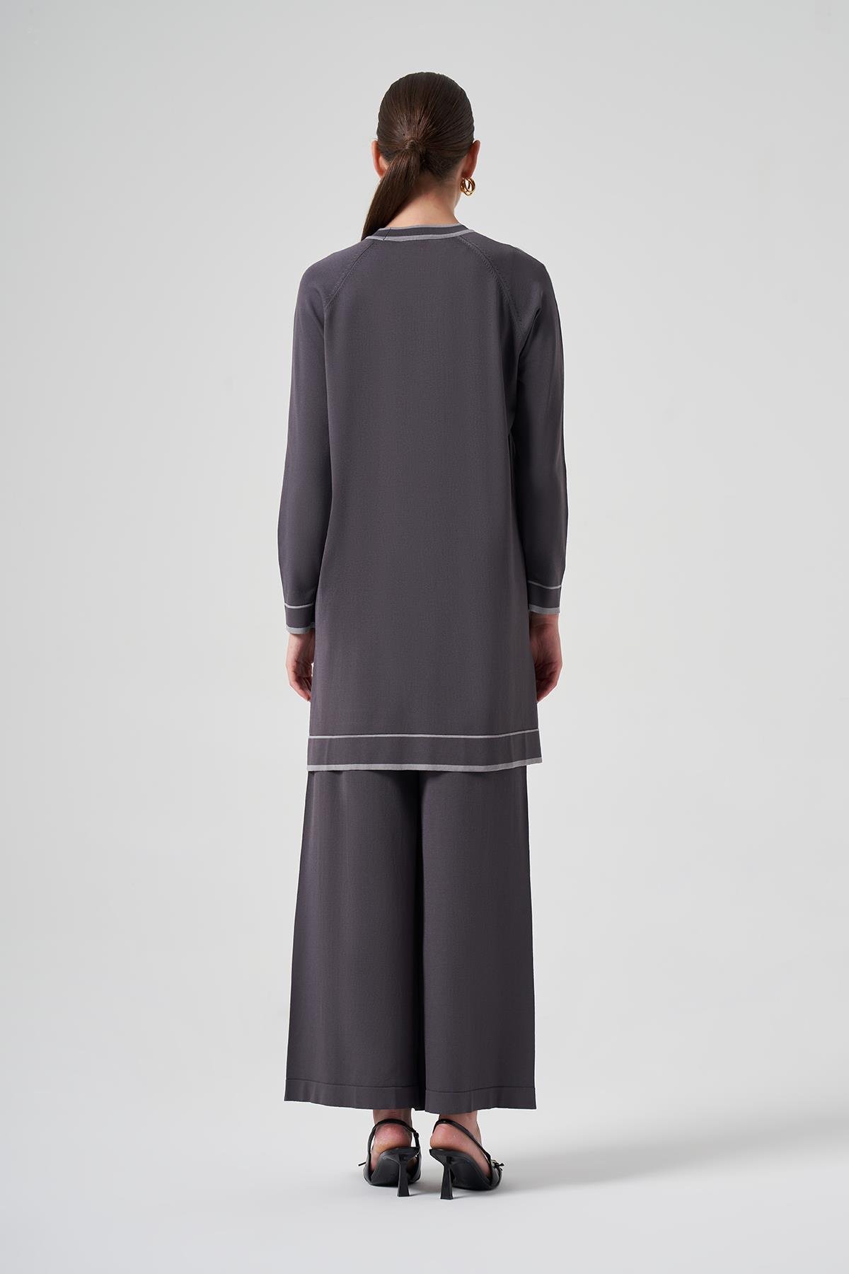 Nuss Merserize Renk Şerit Detay Pantolonlu Takım 1510 Füme